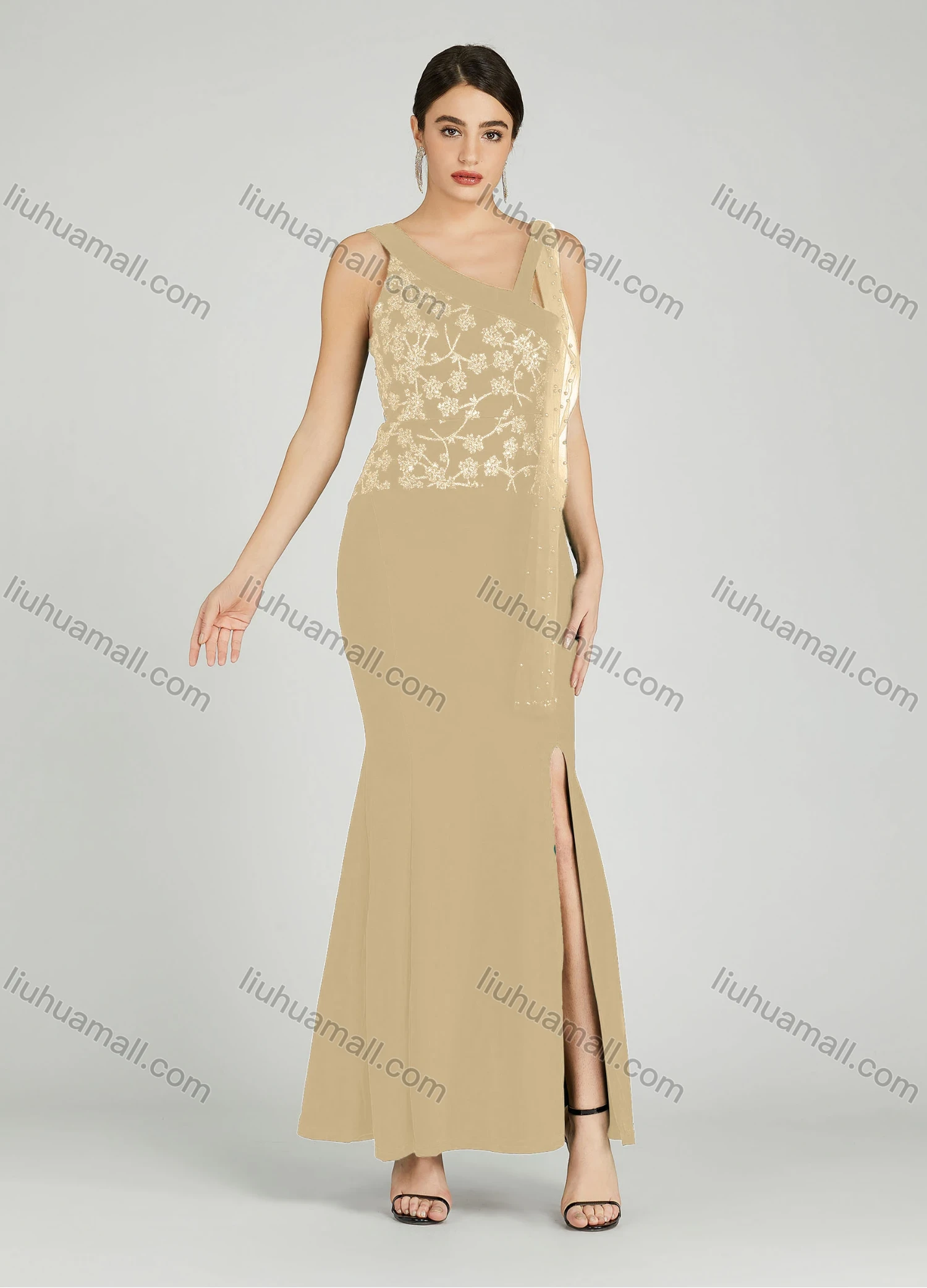Wholesale Women's Elegant Slanted Shoulder Strap Sequin Applique Mermaid Split Hem Evening Dress 5033# - Liuhuamall