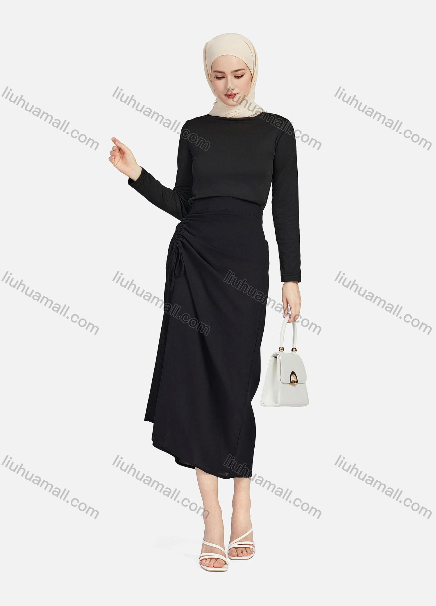 Wholesale Women's Casual Ruched Elastic Waist Drawstring Plain High Low Hem Midi Skirt 1428# - Liuhuamall