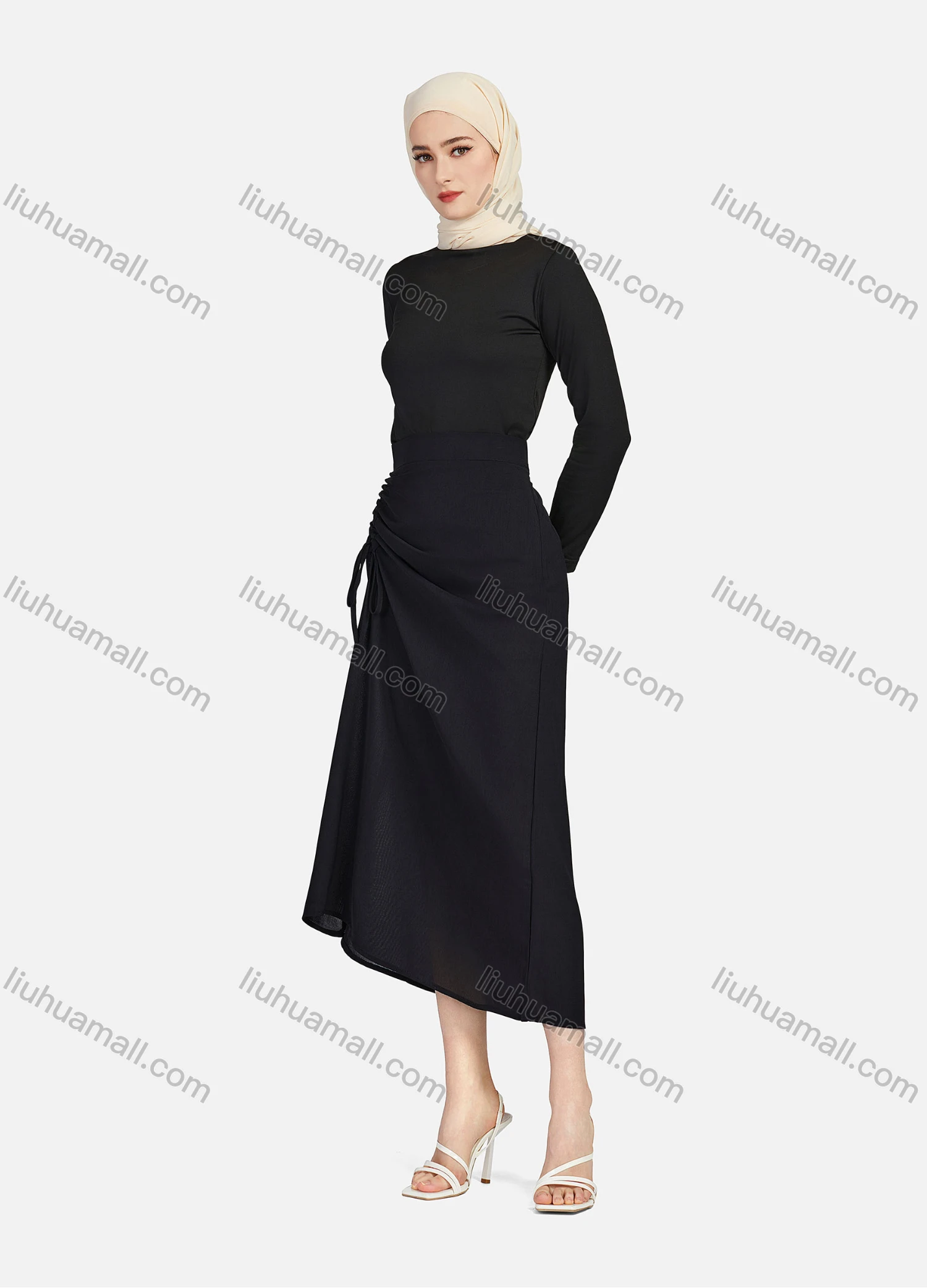 Wholesale Women's Casual Ruched Elastic Waist Drawstring Plain High Low Hem Midi Skirt 1428# - Liuhuamall