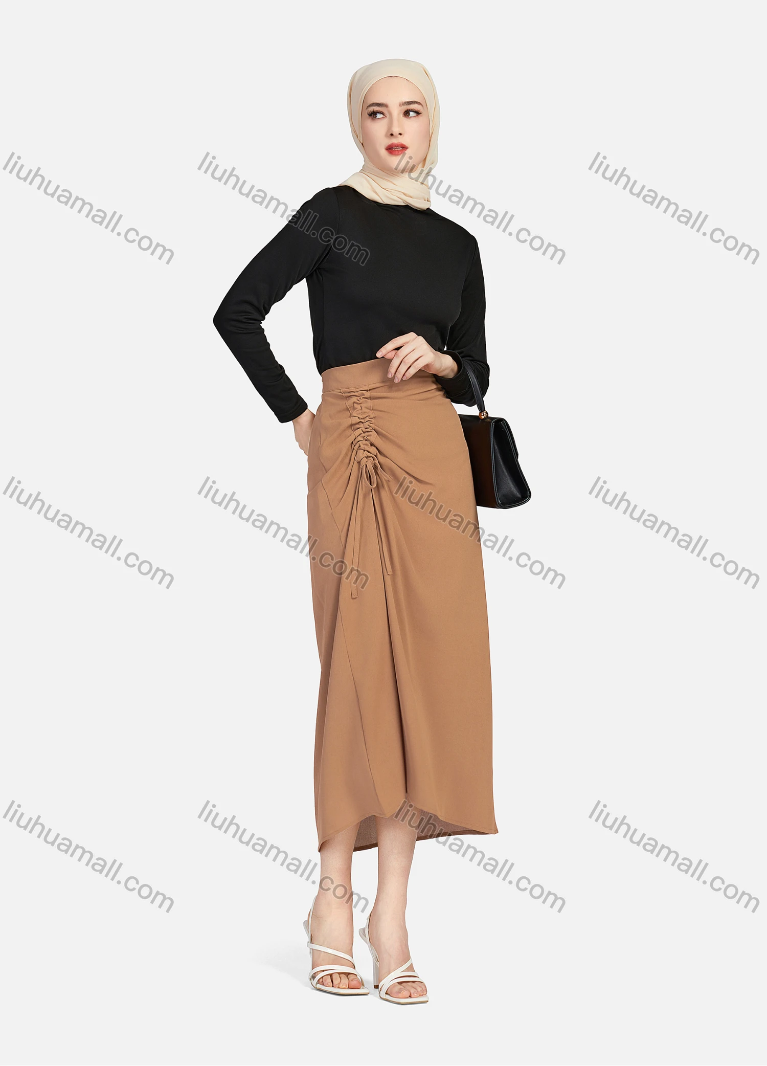 Wholesale Women's Casual Ruched Elastic Waist Drawstring Plain High Low Hem Midi Skirt 1428# - Liuhuamall