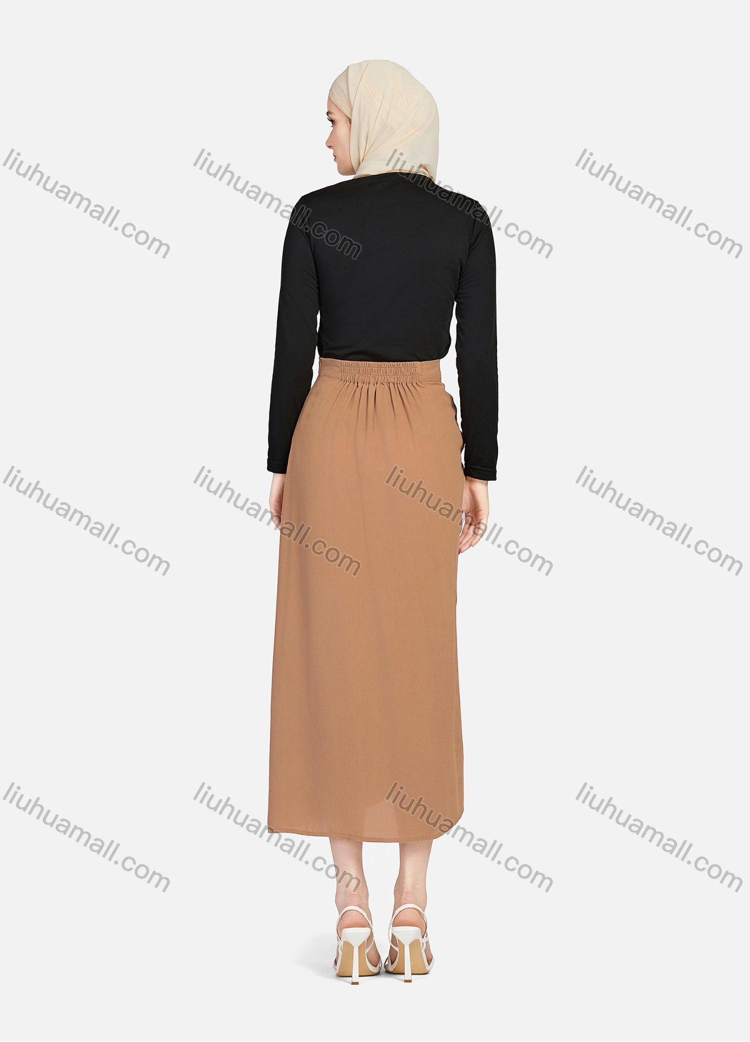 Wholesale Women's Casual Ruched Elastic Waist Drawstring Plain High Low Hem Midi Skirt 1428# - Liuhuamall