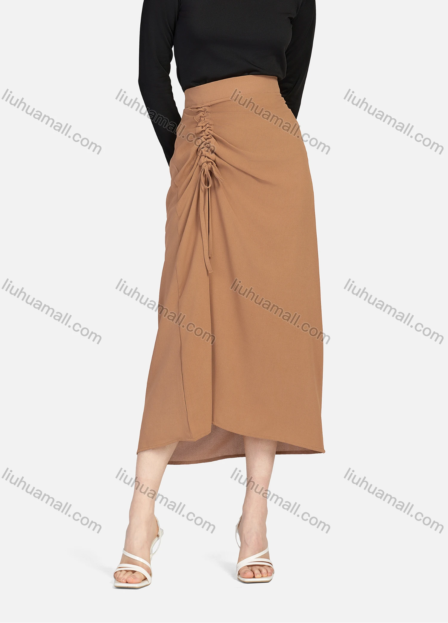 Wholesale Women's Casual Ruched Elastic Waist Drawstring Plain High Low Hem Midi Skirt 1428# - Liuhuamall