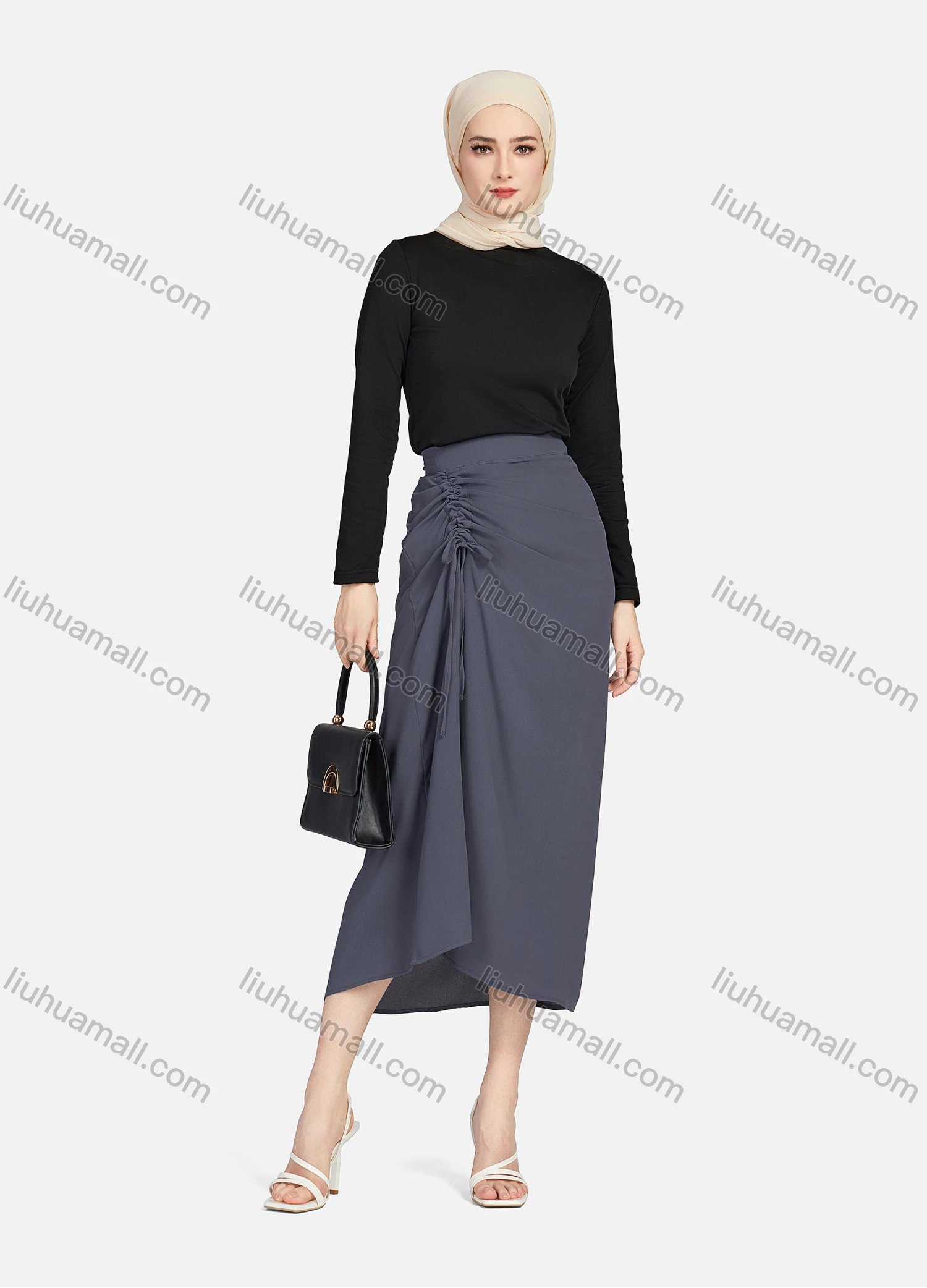 Wholesale Women's Casual Ruched Elastic Waist Drawstring Plain High Low Hem Midi Skirt 1428# - Liuhuamall