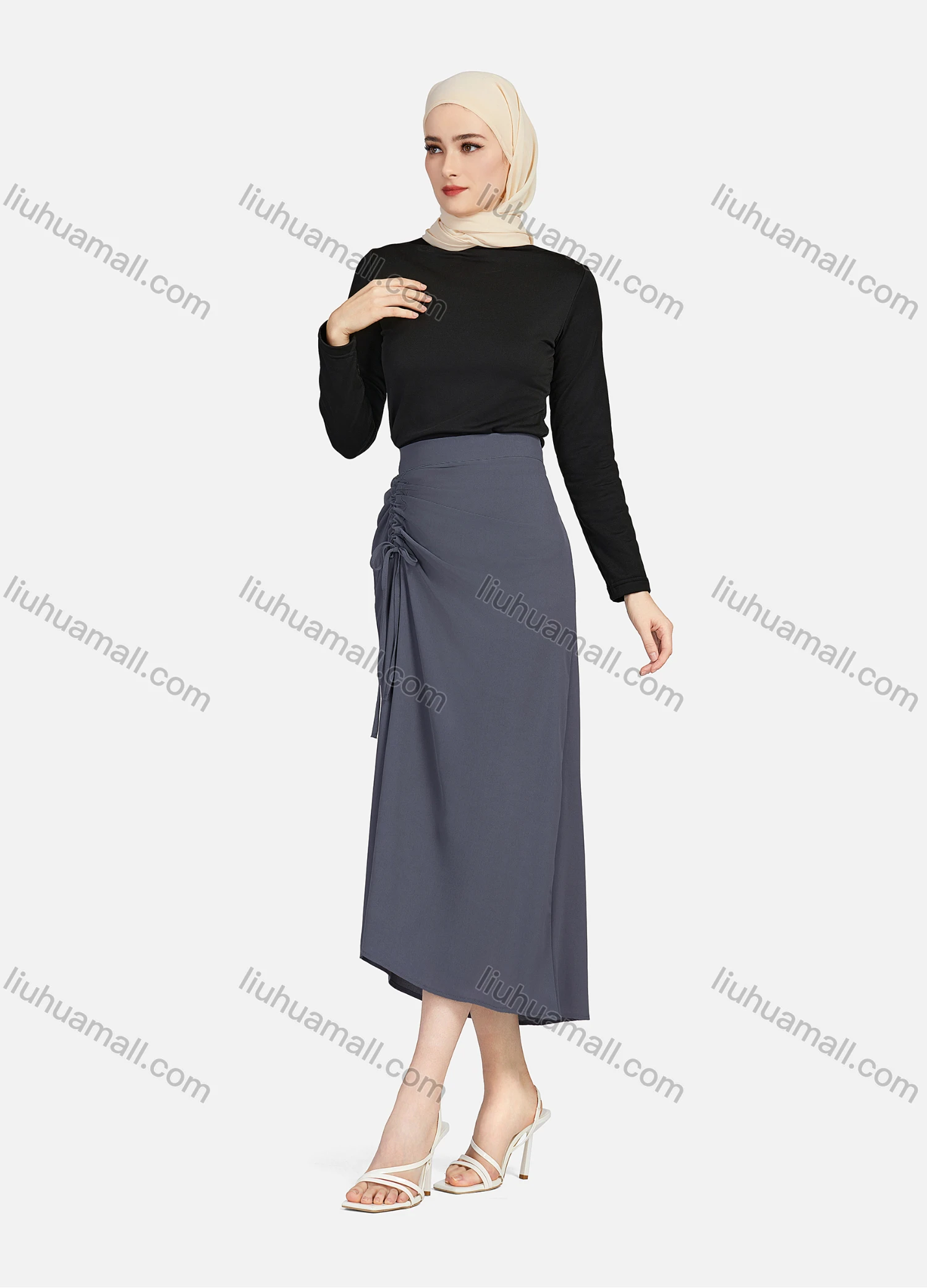 Wholesale Women's Casual Ruched Elastic Waist Drawstring Plain High Low Hem Midi Skirt 1428# - Liuhuamall
