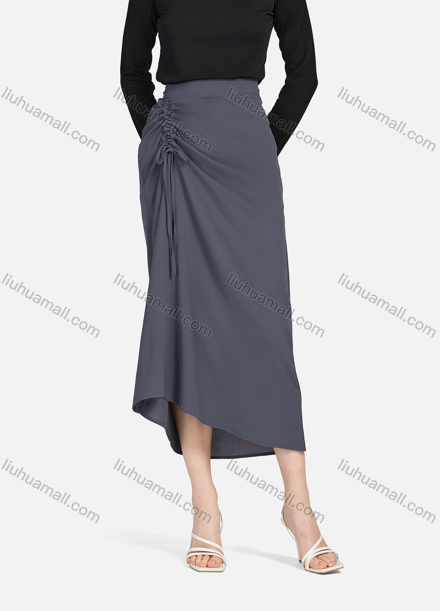 Wholesale Women's Casual Ruched Elastic Waist Drawstring Plain High Low Hem Midi Skirt 1428# - Liuhuamall