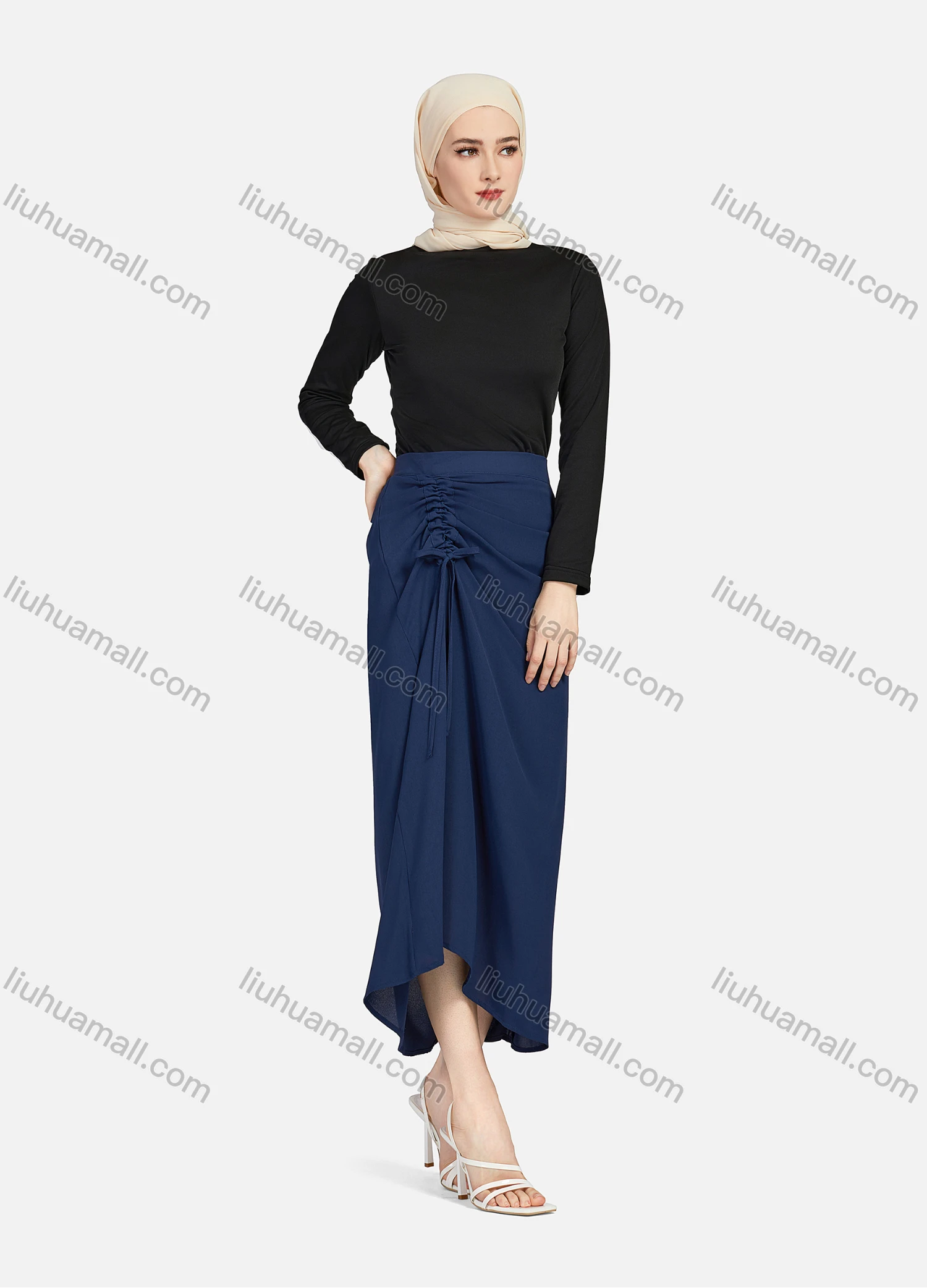 Wholesale Women's Casual Ruched Elastic Waist Drawstring Plain High Low Hem Midi Skirt 1428# - Liuhuamall
