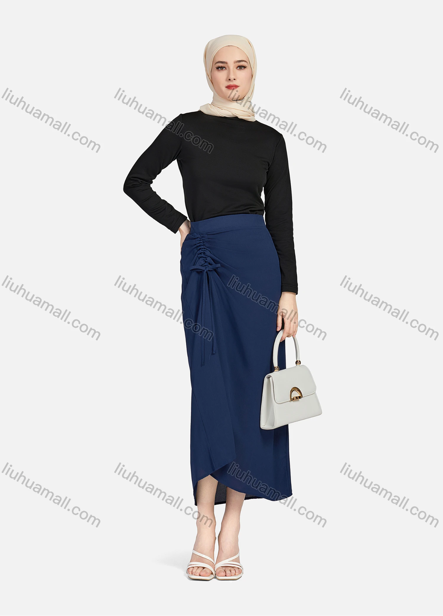 Wholesale Women's Casual Ruched Elastic Waist Drawstring Plain High Low Hem Midi Skirt 1428# - Liuhuamall