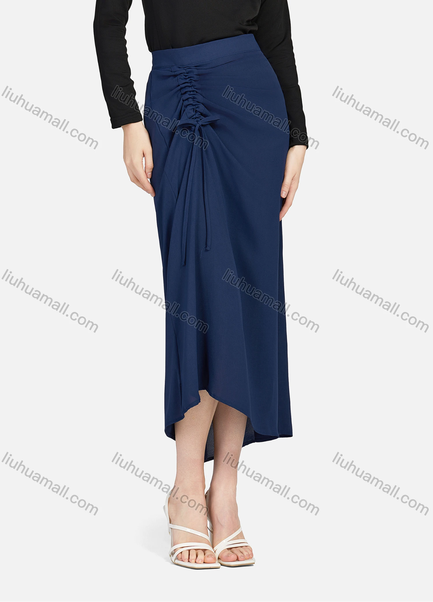 Wholesale Women's Casual Ruched Elastic Waist Drawstring Plain High Low Hem Midi Skirt 1428# - Liuhuamall