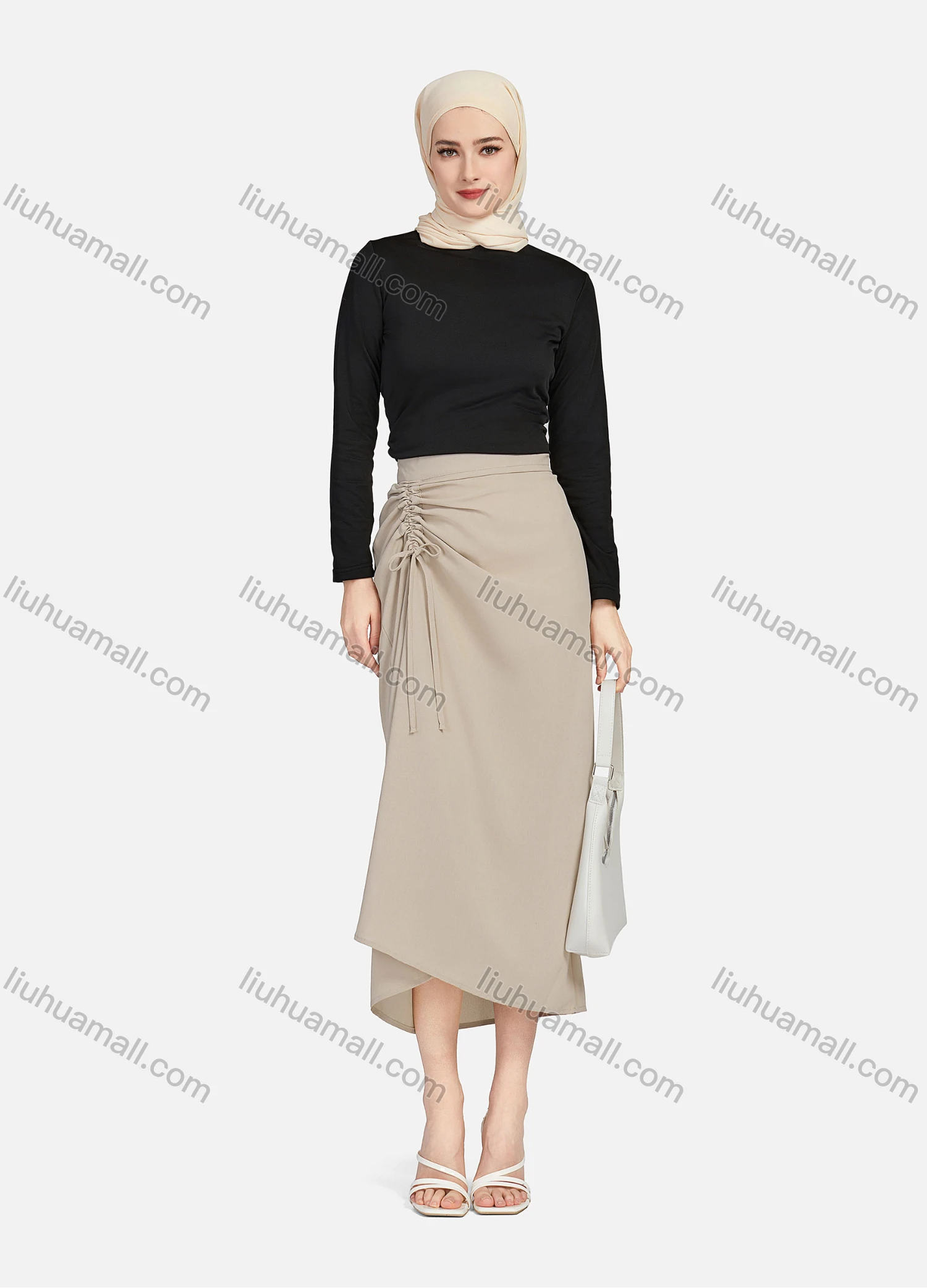 Wholesale Women's Casual Ruched Elastic Waist Drawstring Plain High Low Hem Midi Skirt 1428# - Liuhuamall