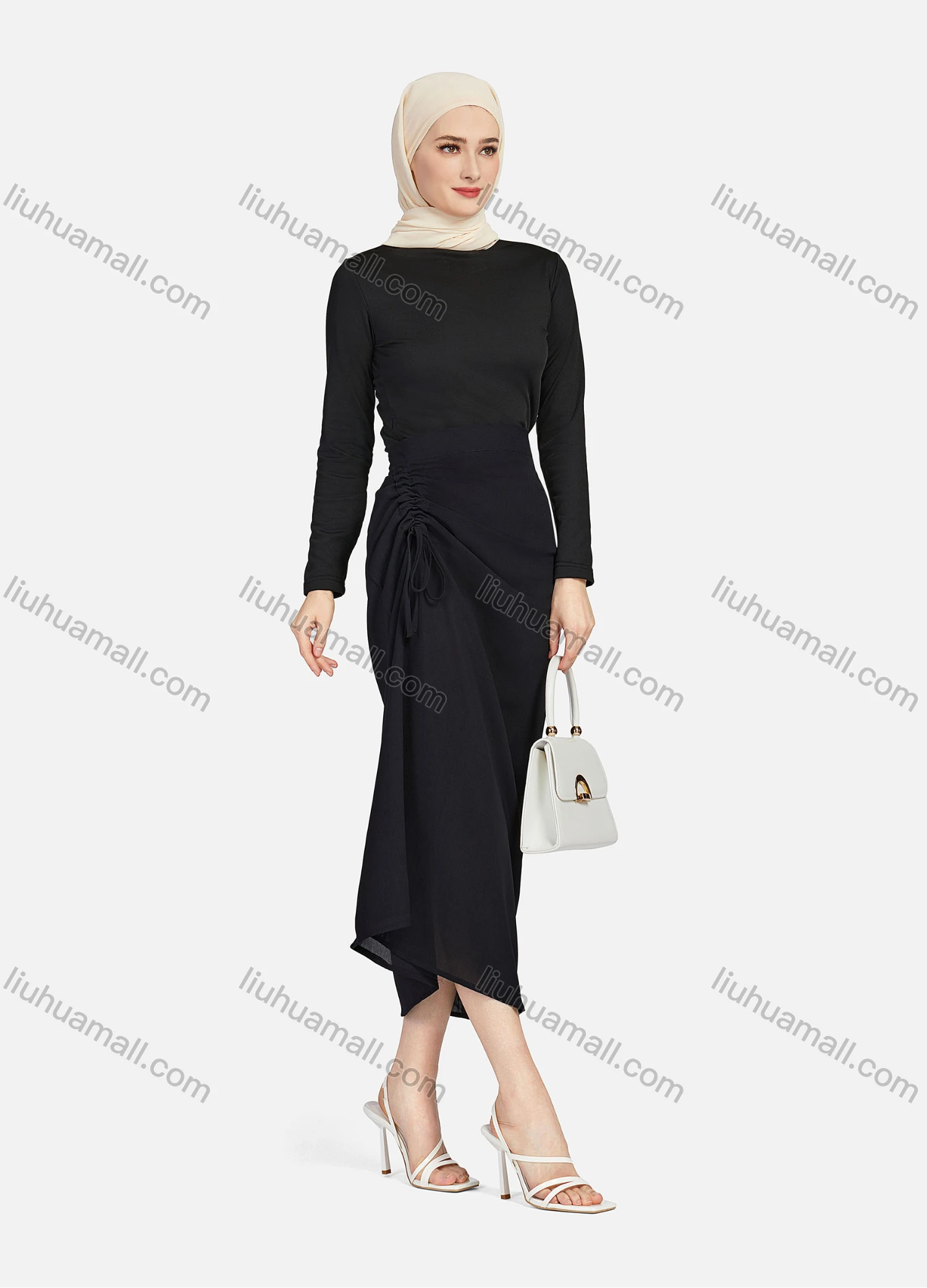 Wholesale Women's Casual Ruched Elastic Waist Drawstring Plain High Low Hem Midi Skirt 1428# - Liuhuamall