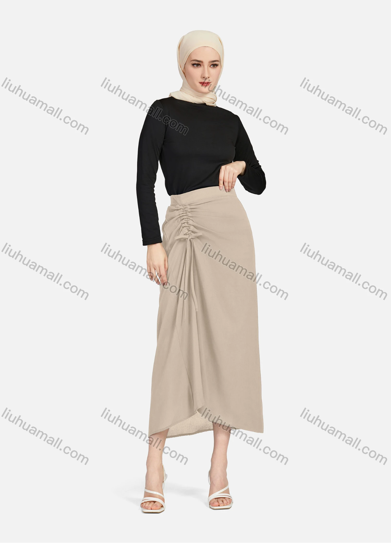 Wholesale Women's Casual Ruched Elastic Waist Drawstring Plain High Low Hem Midi Skirt 1428# - Liuhuamall
