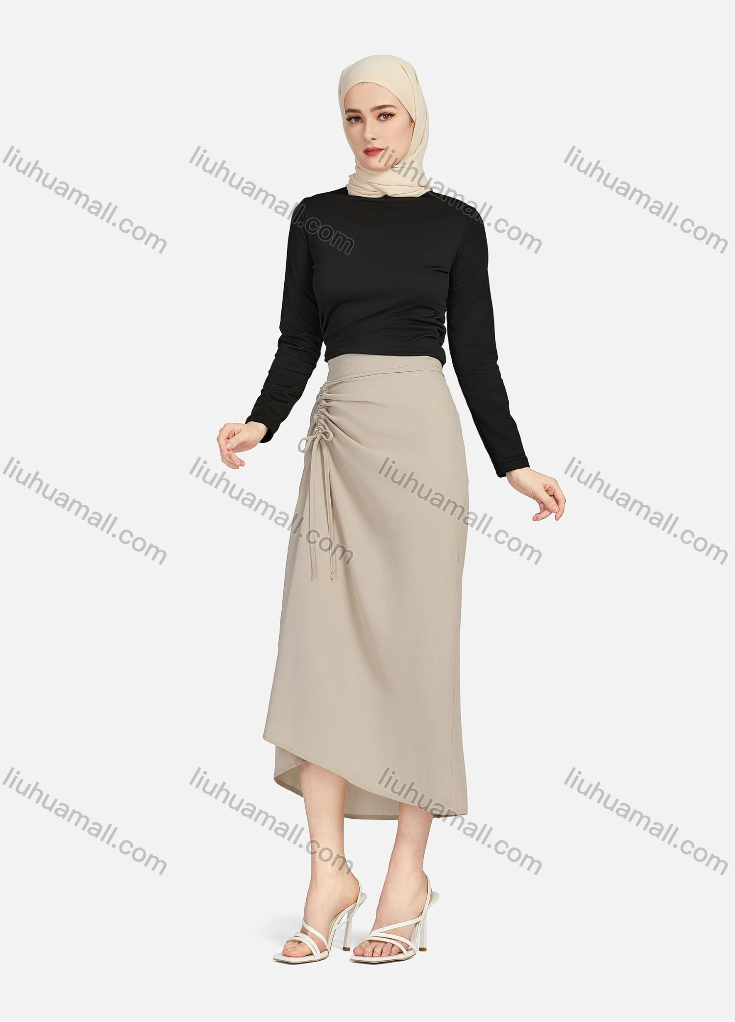 Wholesale Women's Casual Ruched Elastic Waist Drawstring Plain High Low Hem Midi Skirt 1428# - Liuhuamall