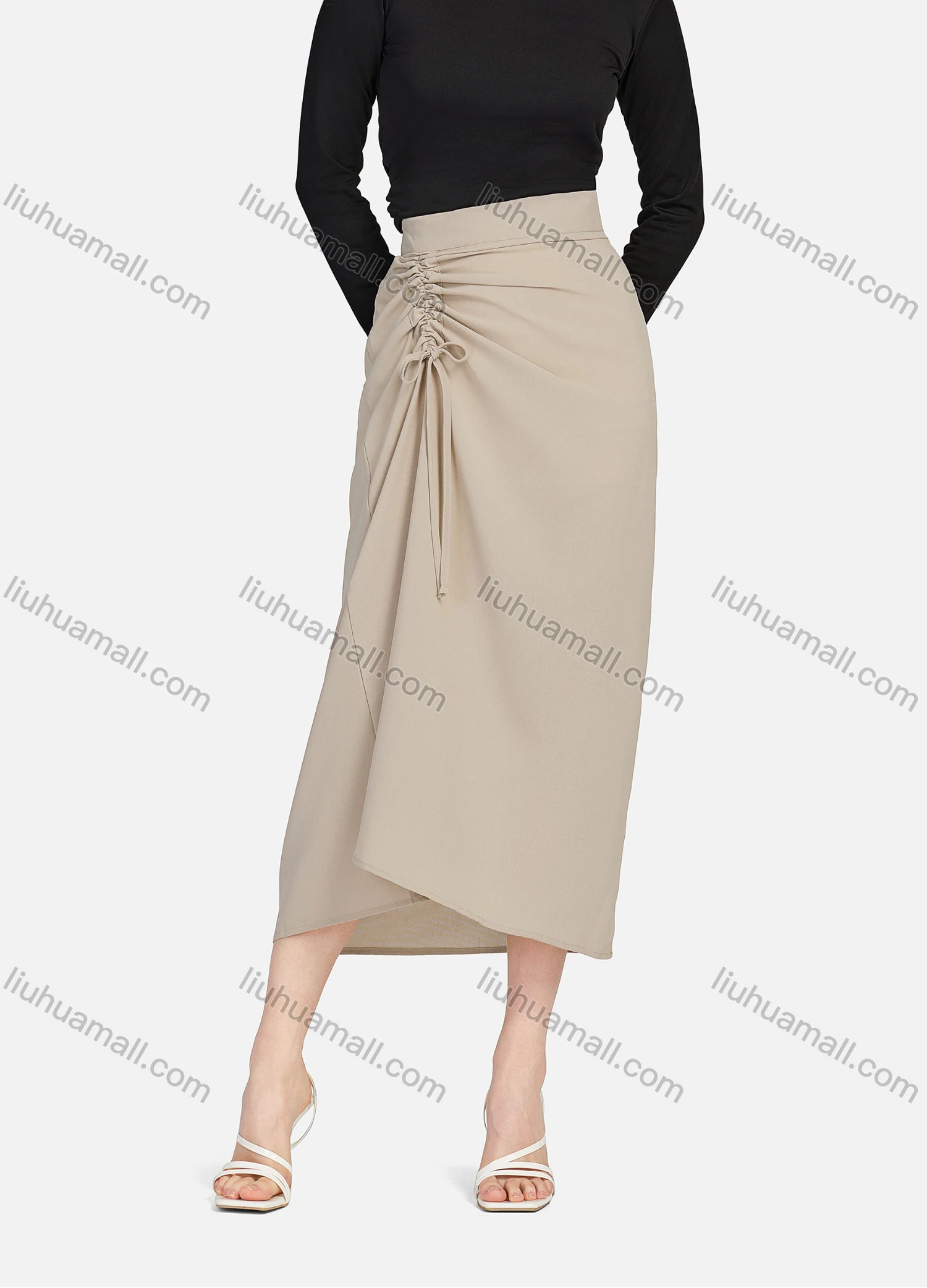 Wholesale Women's Casual Ruched Elastic Waist Drawstring Plain High Low Hem Midi Skirt 1428# - Liuhuamall