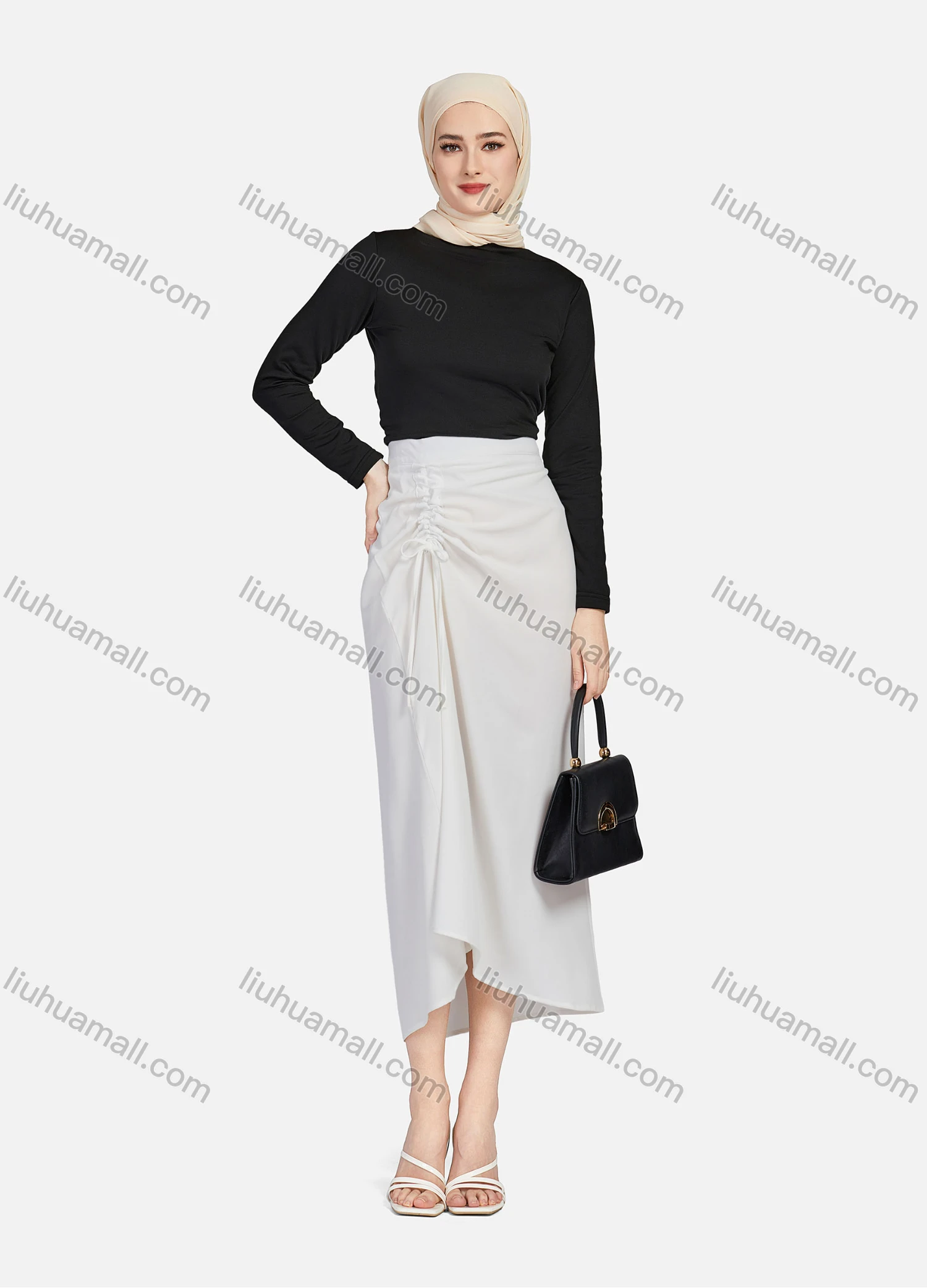 Wholesale Women's Casual Ruched Elastic Waist Drawstring Plain High Low Hem Midi Skirt 1428# - Liuhuamall
