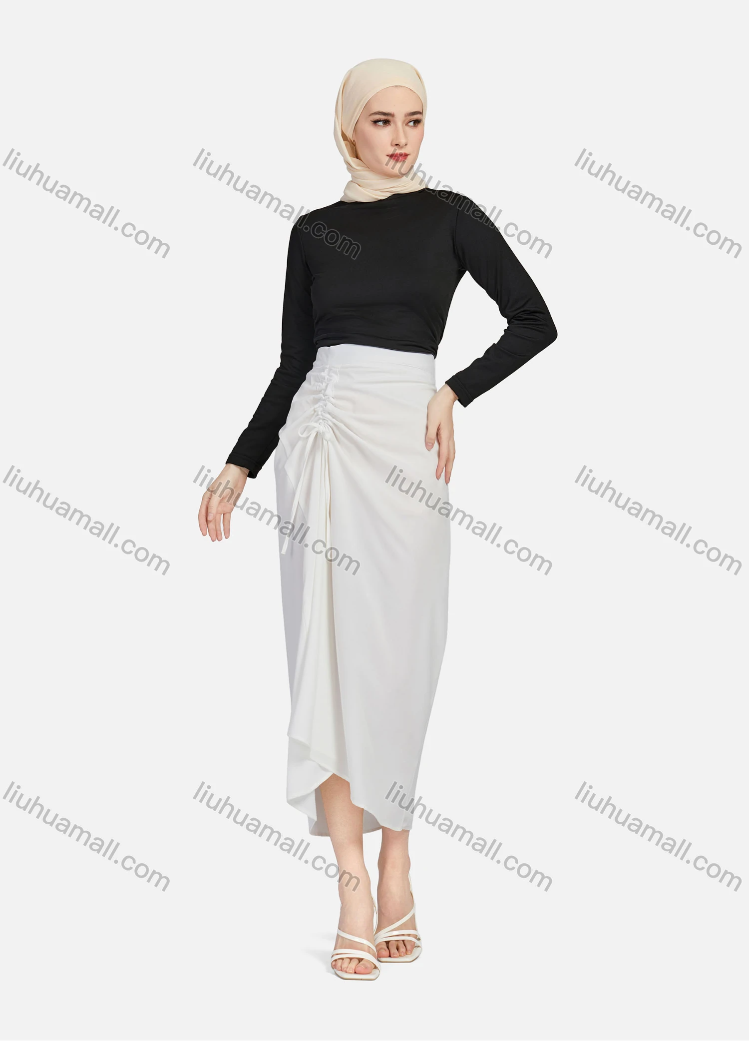 Wholesale Women's Casual Ruched Elastic Waist Drawstring Plain High Low Hem Midi Skirt 1428# - Liuhuamall