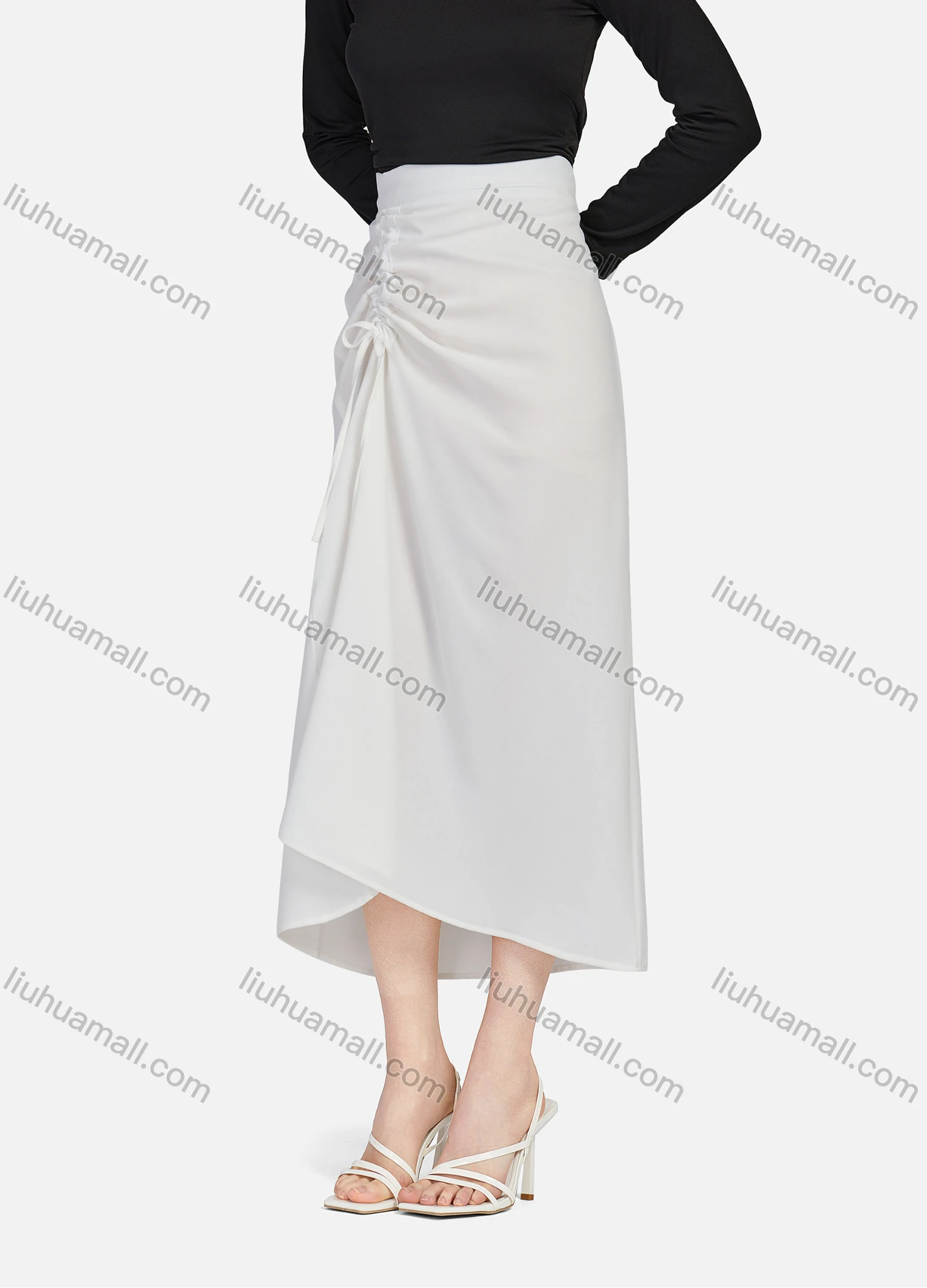 Wholesale Women's Casual Ruched Elastic Waist Drawstring Plain High Low Hem Midi Skirt 1428# - Liuhuamall