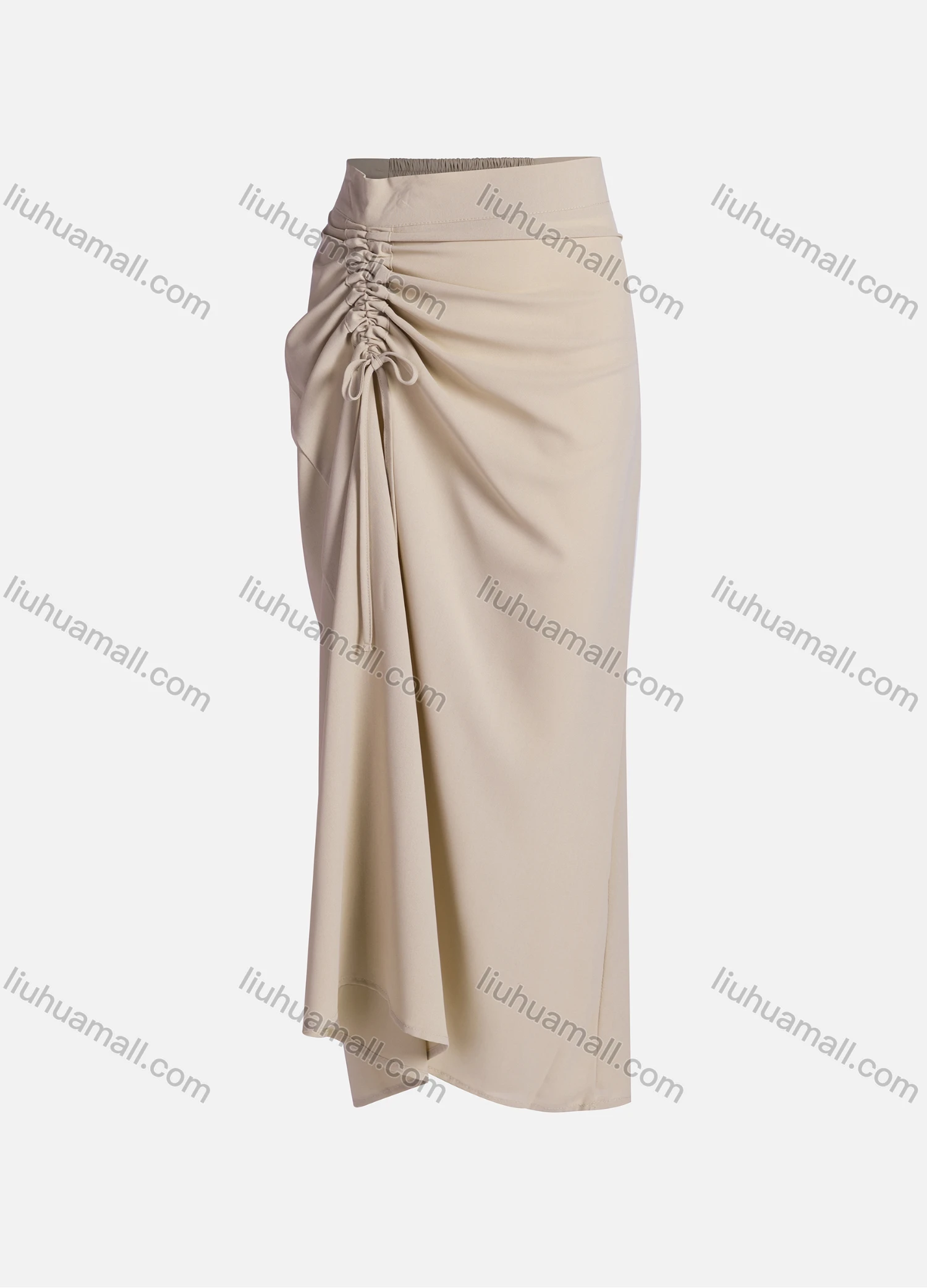 Wholesale Women's Casual Ruched Elastic Waist Drawstring Plain High Low Hem Midi Skirt 1428# - Liuhuamall