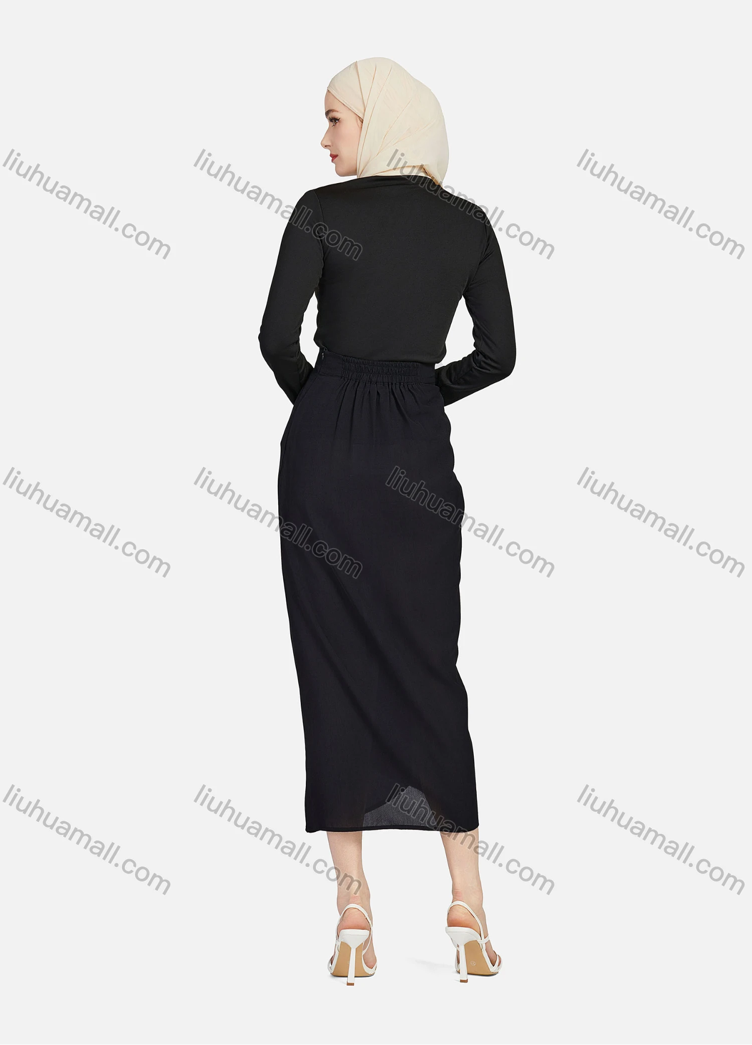Wholesale Women's Casual Ruched Elastic Waist Drawstring Plain High Low Hem Midi Skirt 1428# - Liuhuamall