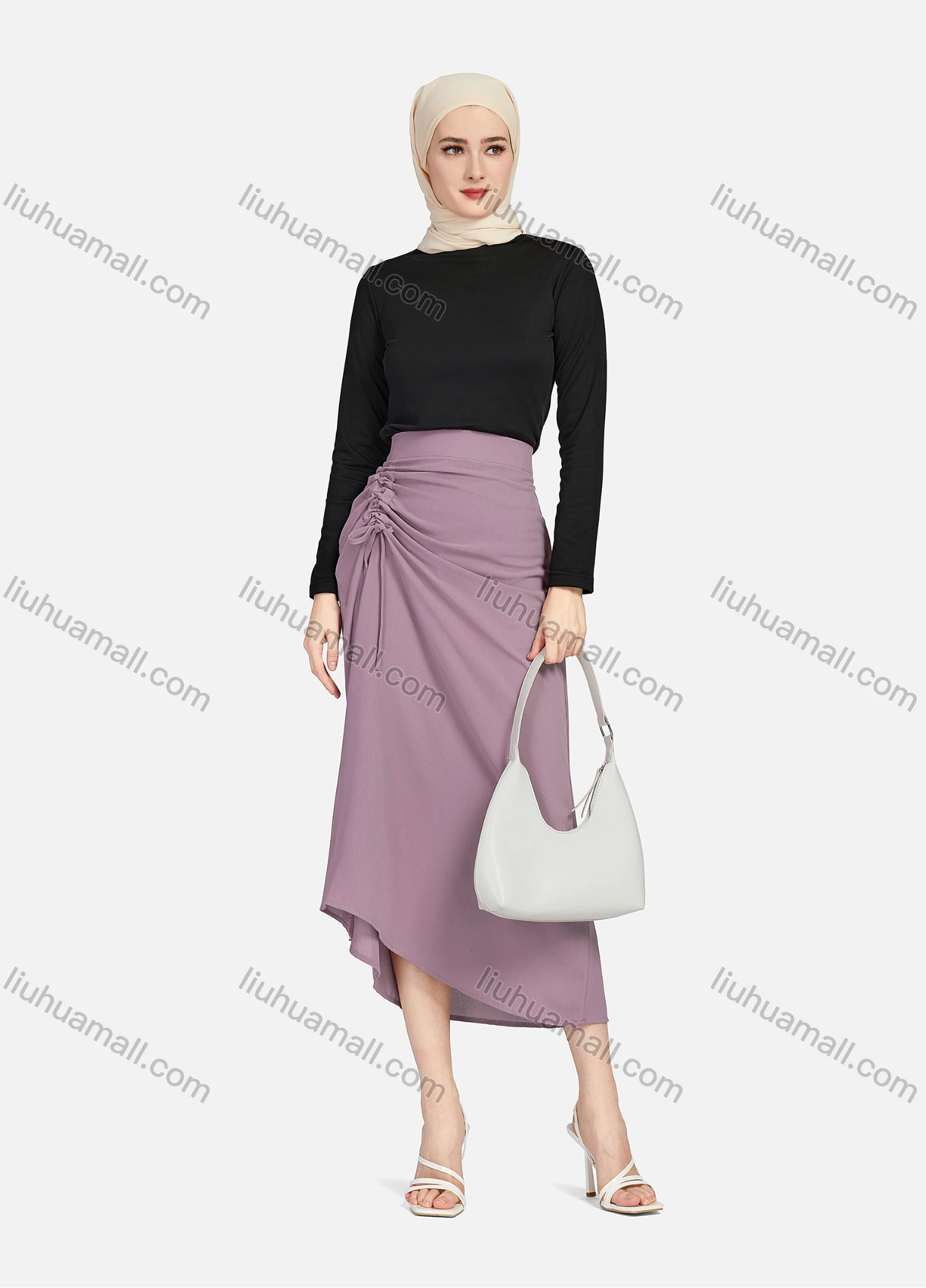 Wholesale Women's Casual Ruched Elastic Waist Drawstring Plain High Low Hem Midi Skirt 1428# - Liuhuamall