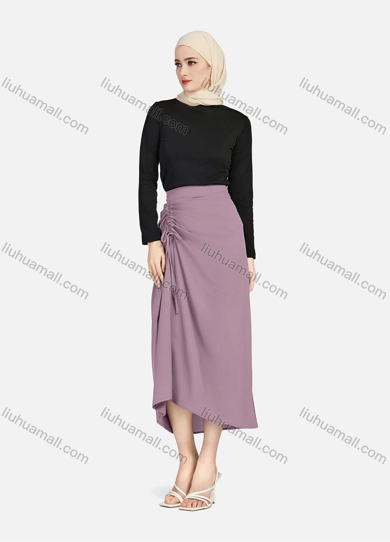 Wholesale Women's Casual Ruched Elastic Waist Drawstring Plain High Low Hem Midi Skirt 1428# - Liuhuamall