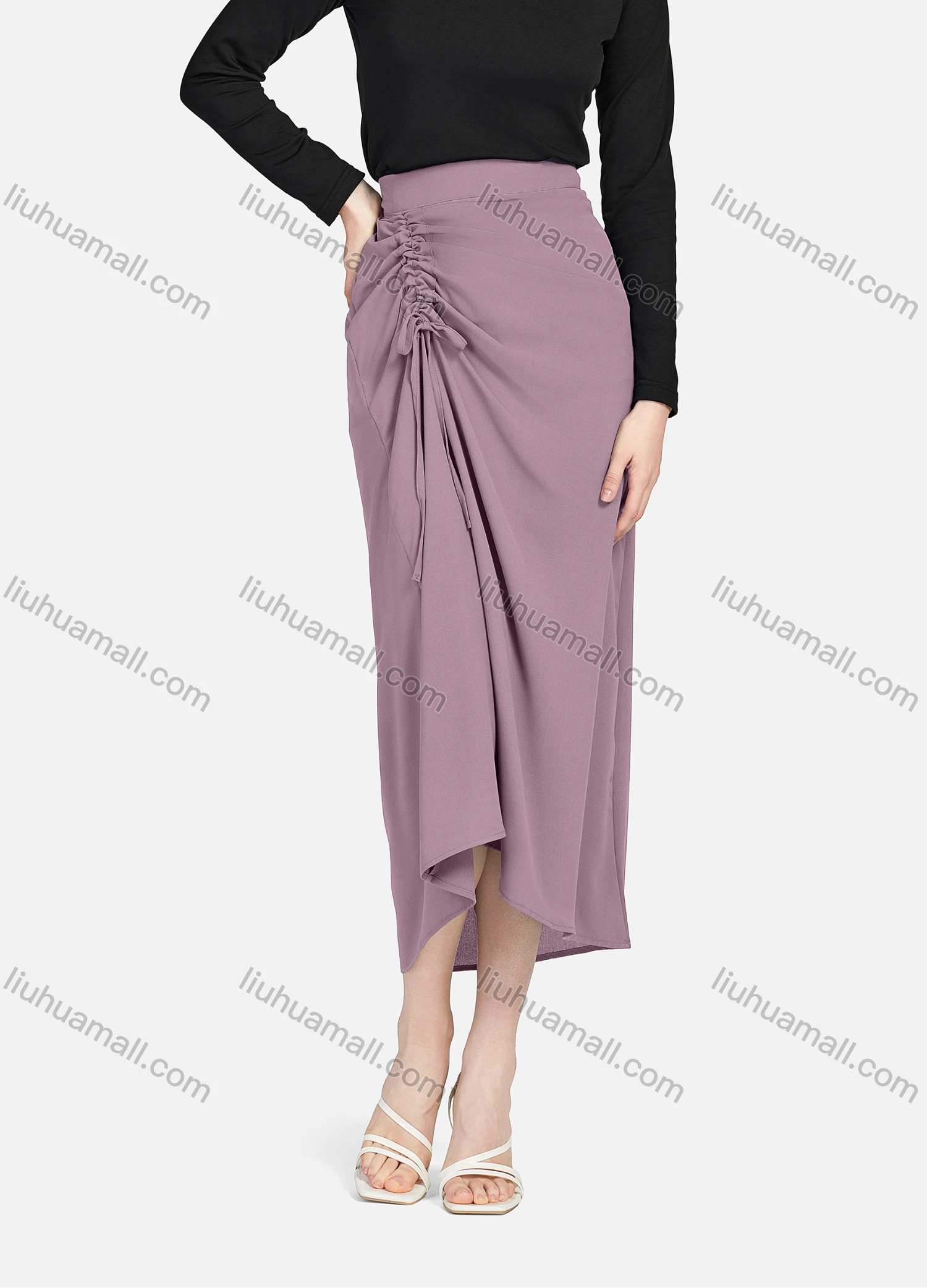Wholesale Women's Casual Ruched Elastic Waist Drawstring Plain High Low Hem Midi Skirt 1428# - Liuhuamall
