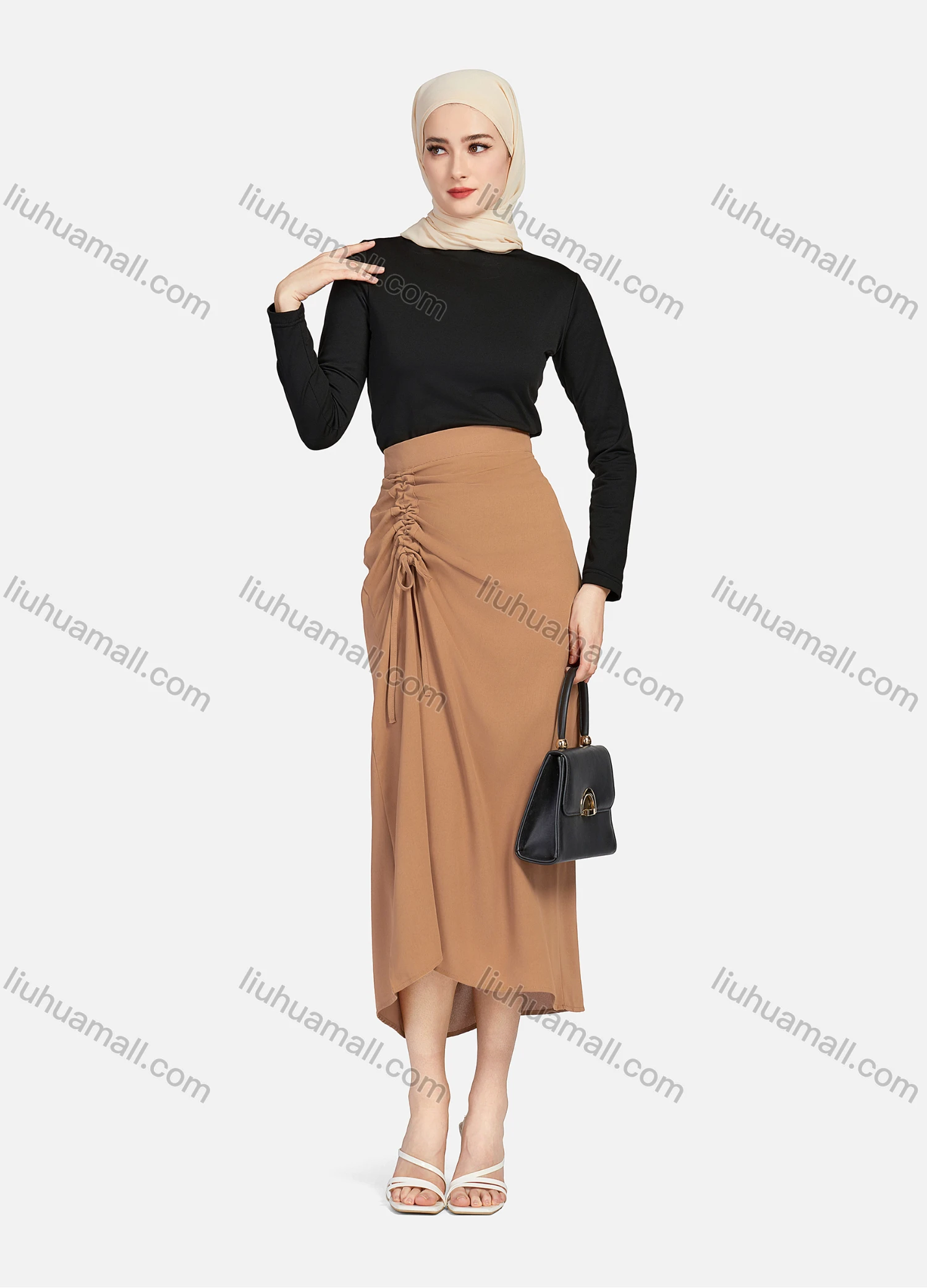 Wholesale Women's Casual Ruched Elastic Waist Drawstring Plain High Low Hem Midi Skirt 1428# - Liuhuamall