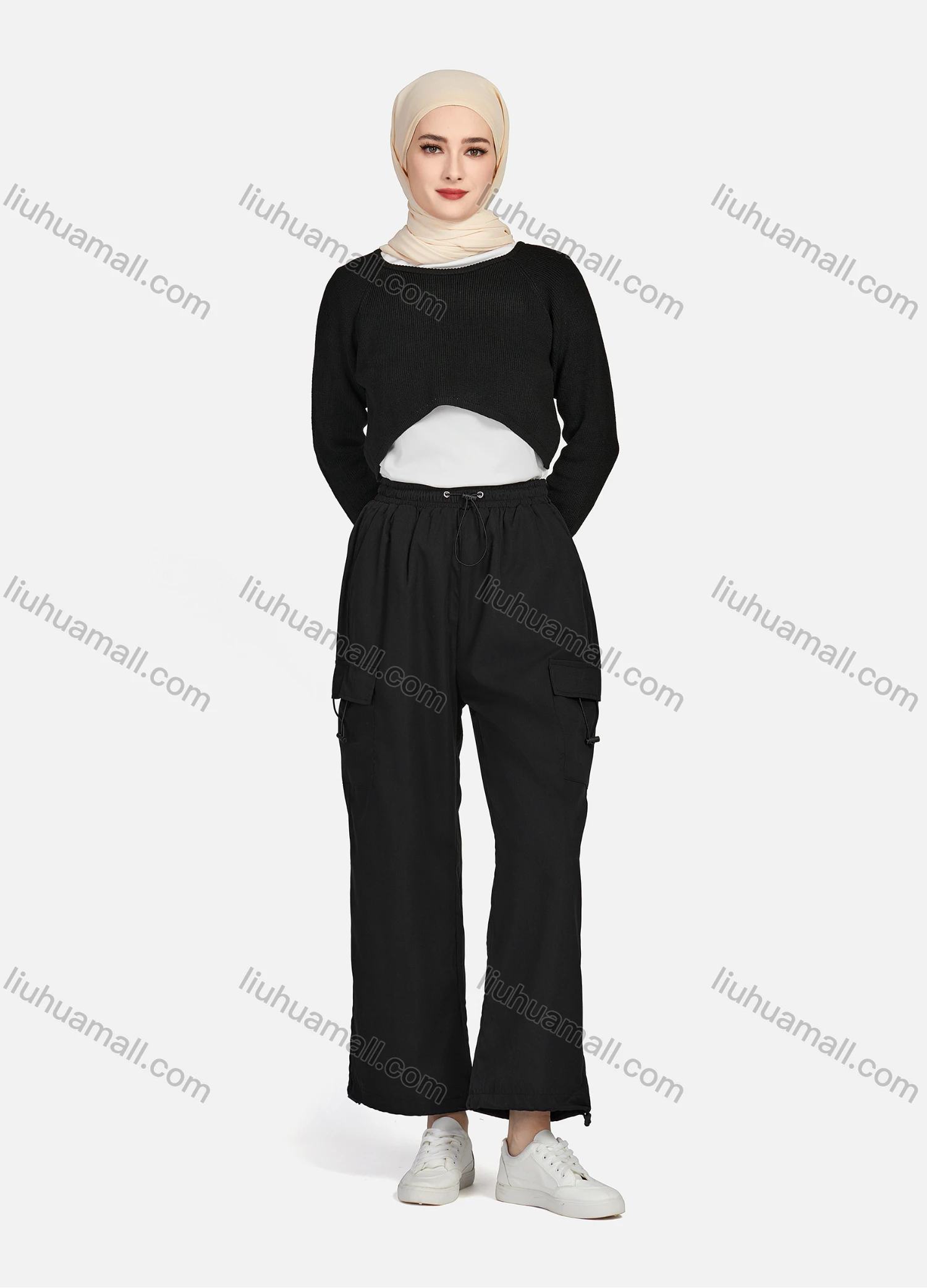 Wholesale Women's Casual Drawstring Elastic Waist Plain Flap Pockets Cargo Pants 1429# - Liuhuamall