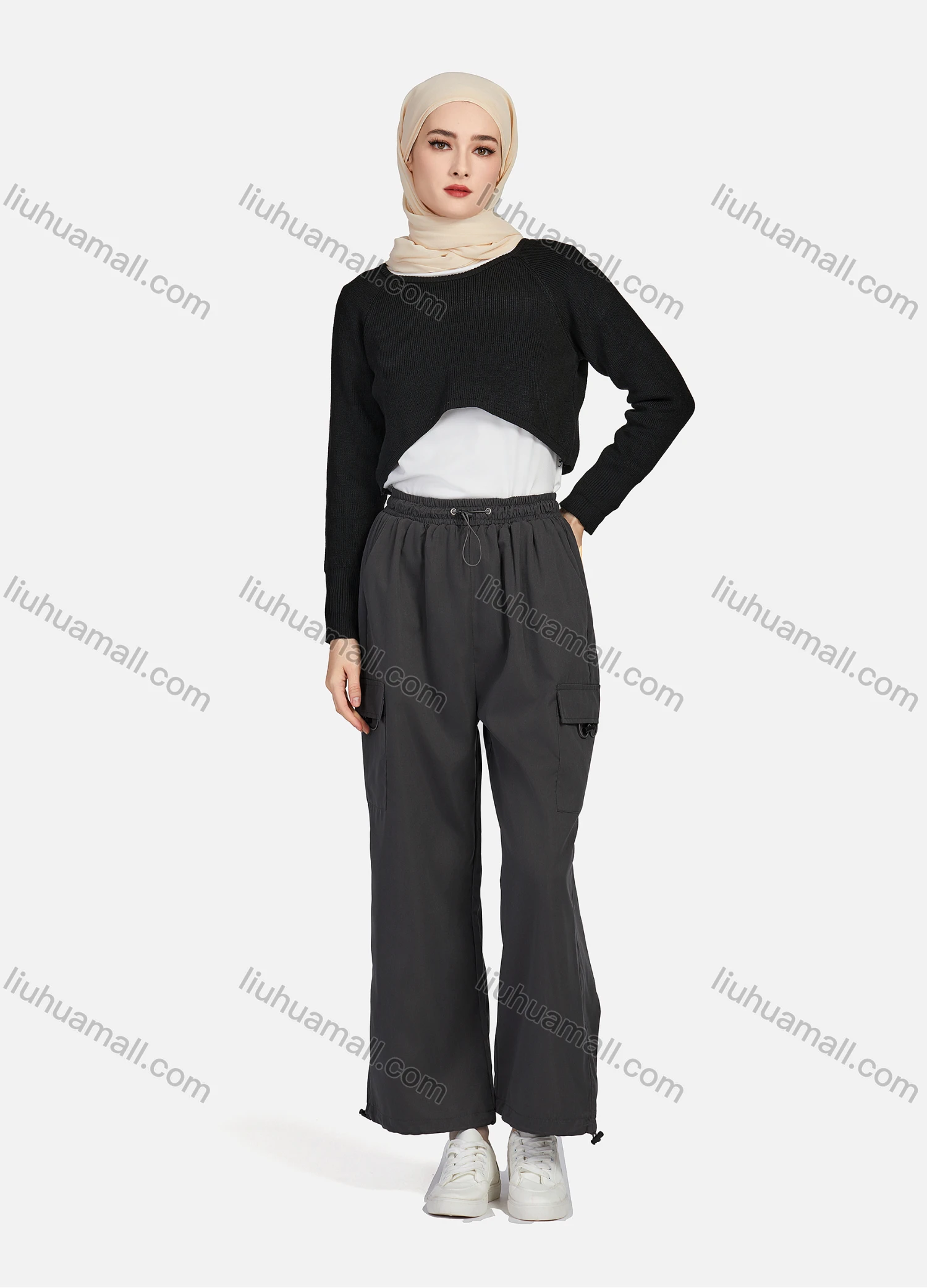 Wholesale Women's Casual Drawstring Elastic Waist Plain Flap Pockets Cargo Pants 1429# - Liuhuamall