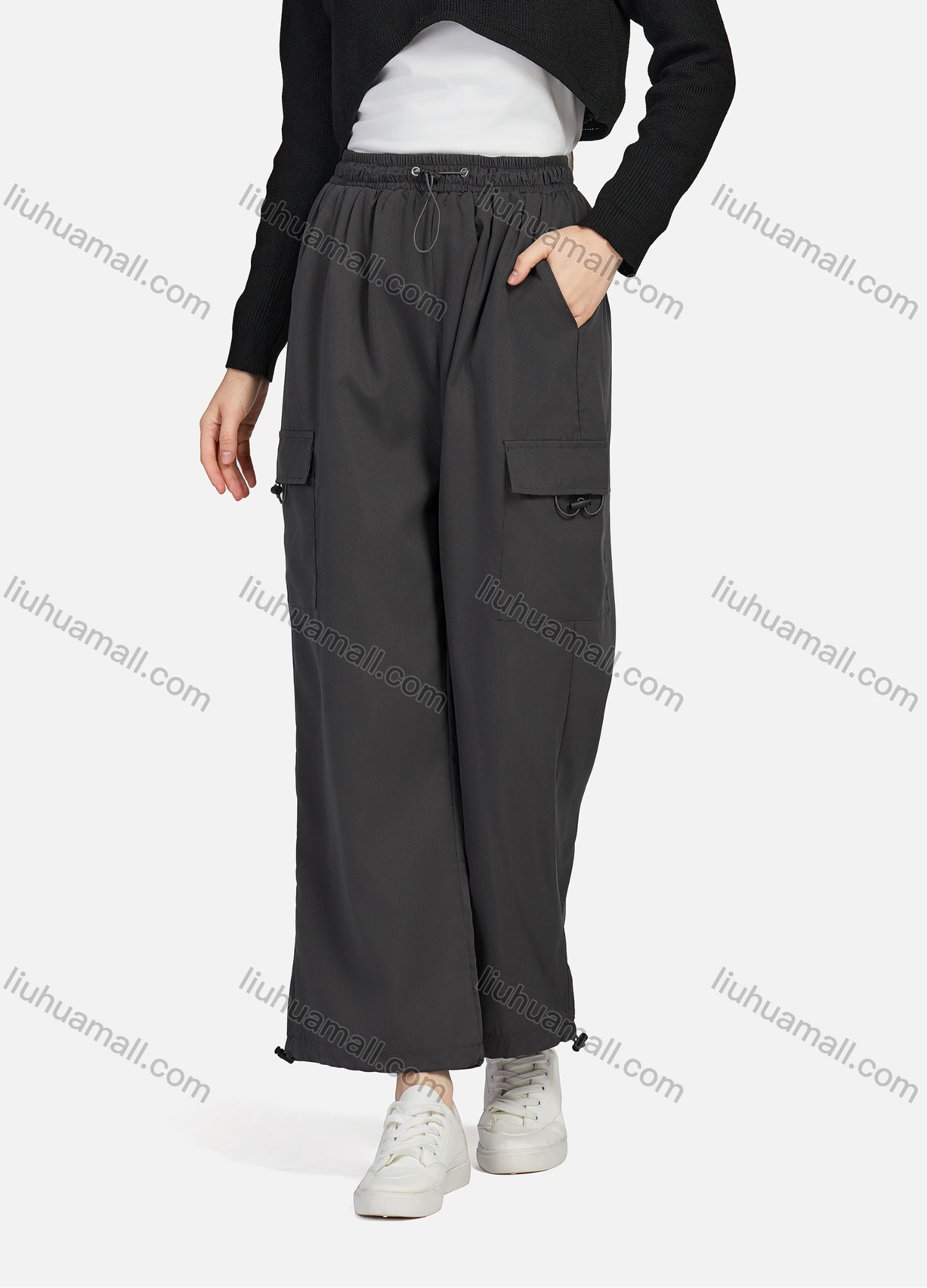 Wholesale Women's Casual Drawstring Elastic Waist Plain Flap Pockets Cargo Pants 1429# - Liuhuamall