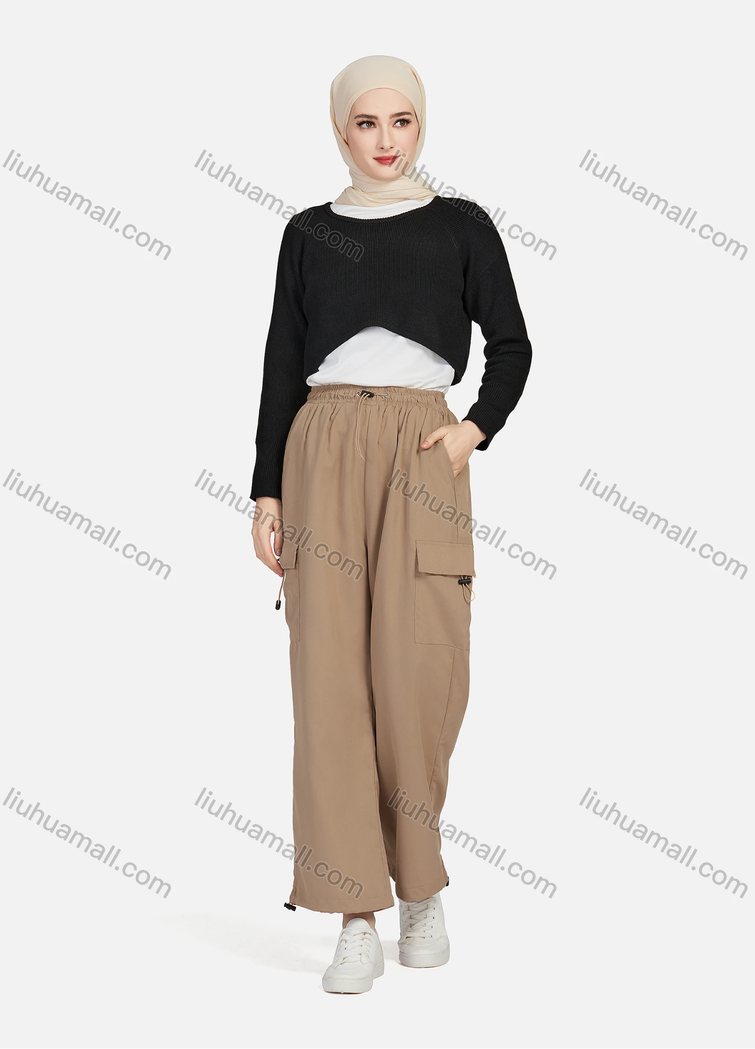 Wholesale Women's Casual Drawstring Elastic Waist Plain Flap Pockets Cargo Pants 1429# - Liuhuamall