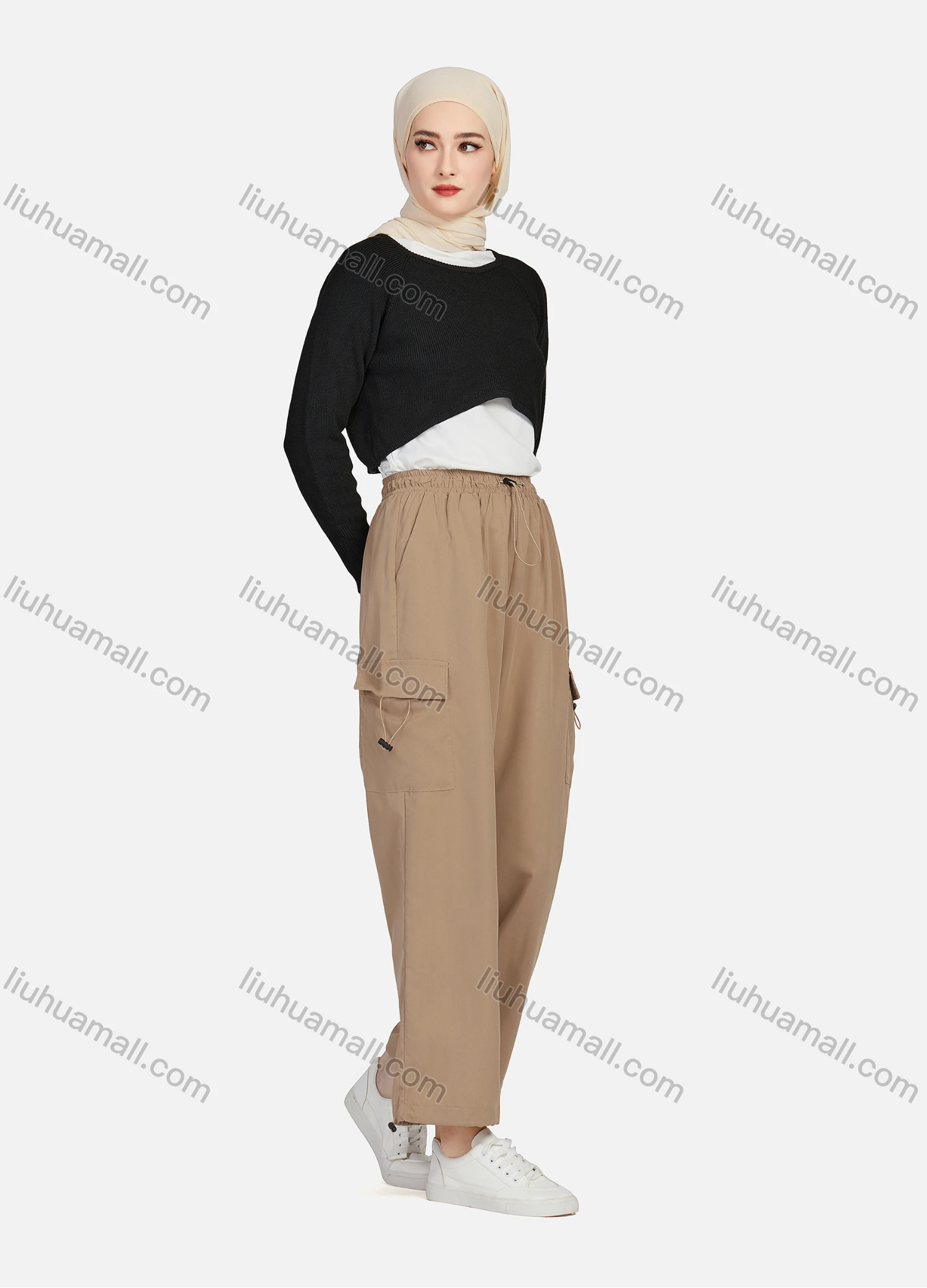 Wholesale Women's Casual Drawstring Elastic Waist Plain Flap Pockets Cargo Pants 1429# - Liuhuamall