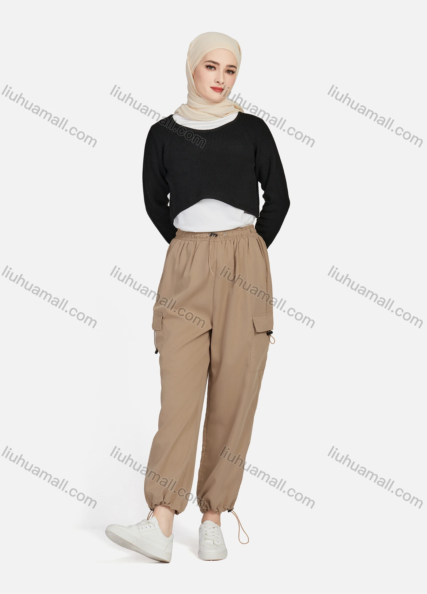 Wholesale Women's Casual Drawstring Elastic Waist Plain Flap Pockets Cargo Pants 1429# - Liuhuamall