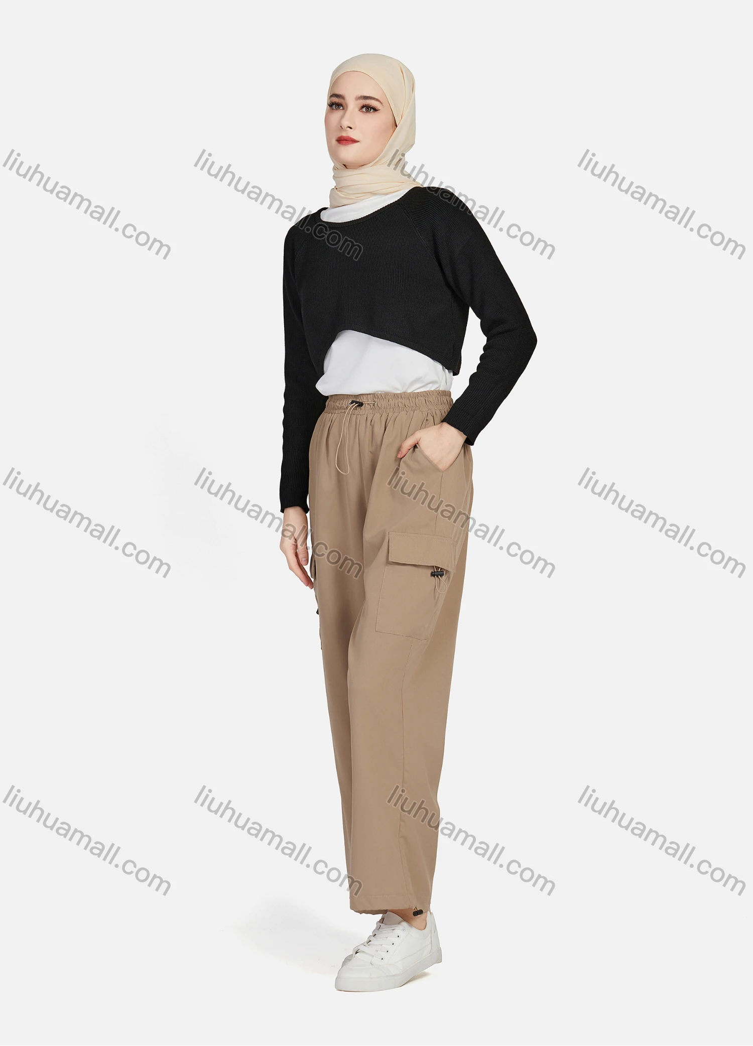 Wholesale Women's Casual Drawstring Elastic Waist Plain Flap Pockets Cargo Pants 1429# - Liuhuamall