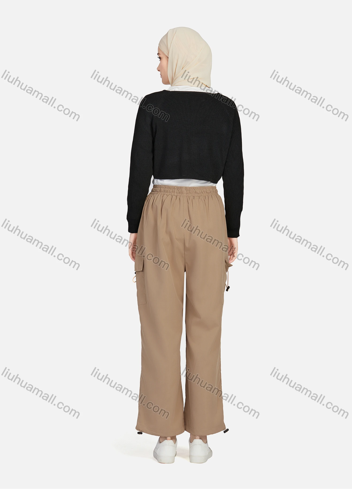 Wholesale Women's Casual Drawstring Elastic Waist Plain Flap Pockets Cargo Pants 1429# - Liuhuamall