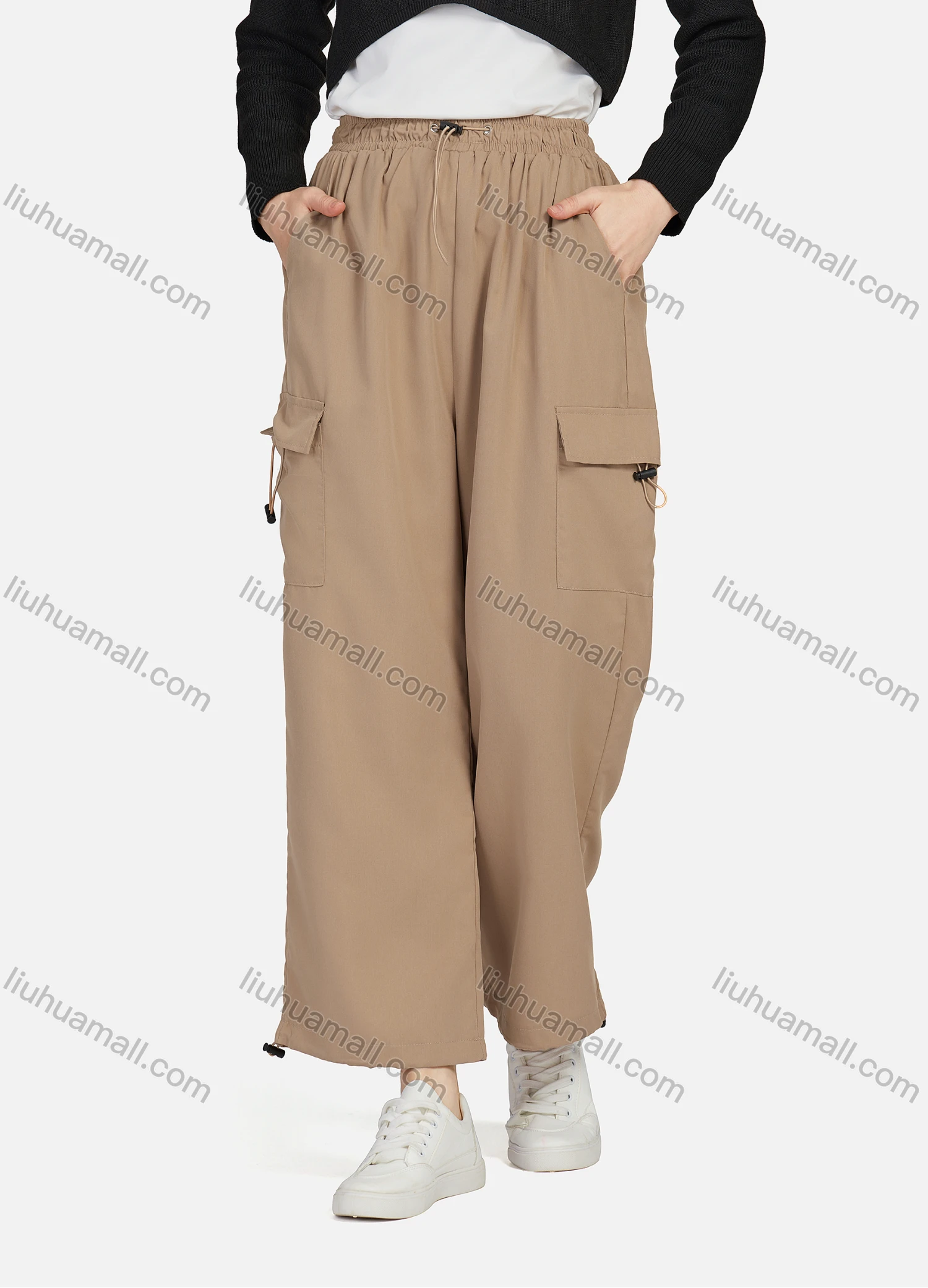 Wholesale Women's Casual Drawstring Elastic Waist Plain Flap Pockets Cargo Pants 1429# - Liuhuamall