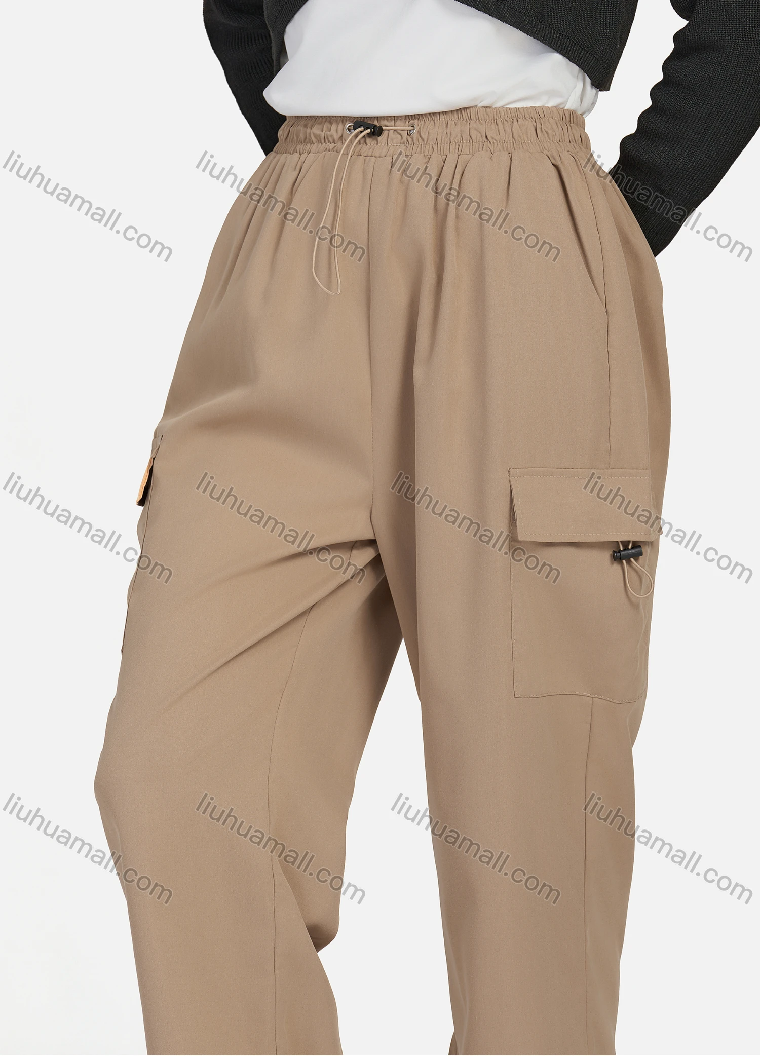 Wholesale Women's Casual Drawstring Elastic Waist Plain Flap Pockets Cargo Pants 1429# - Liuhuamall