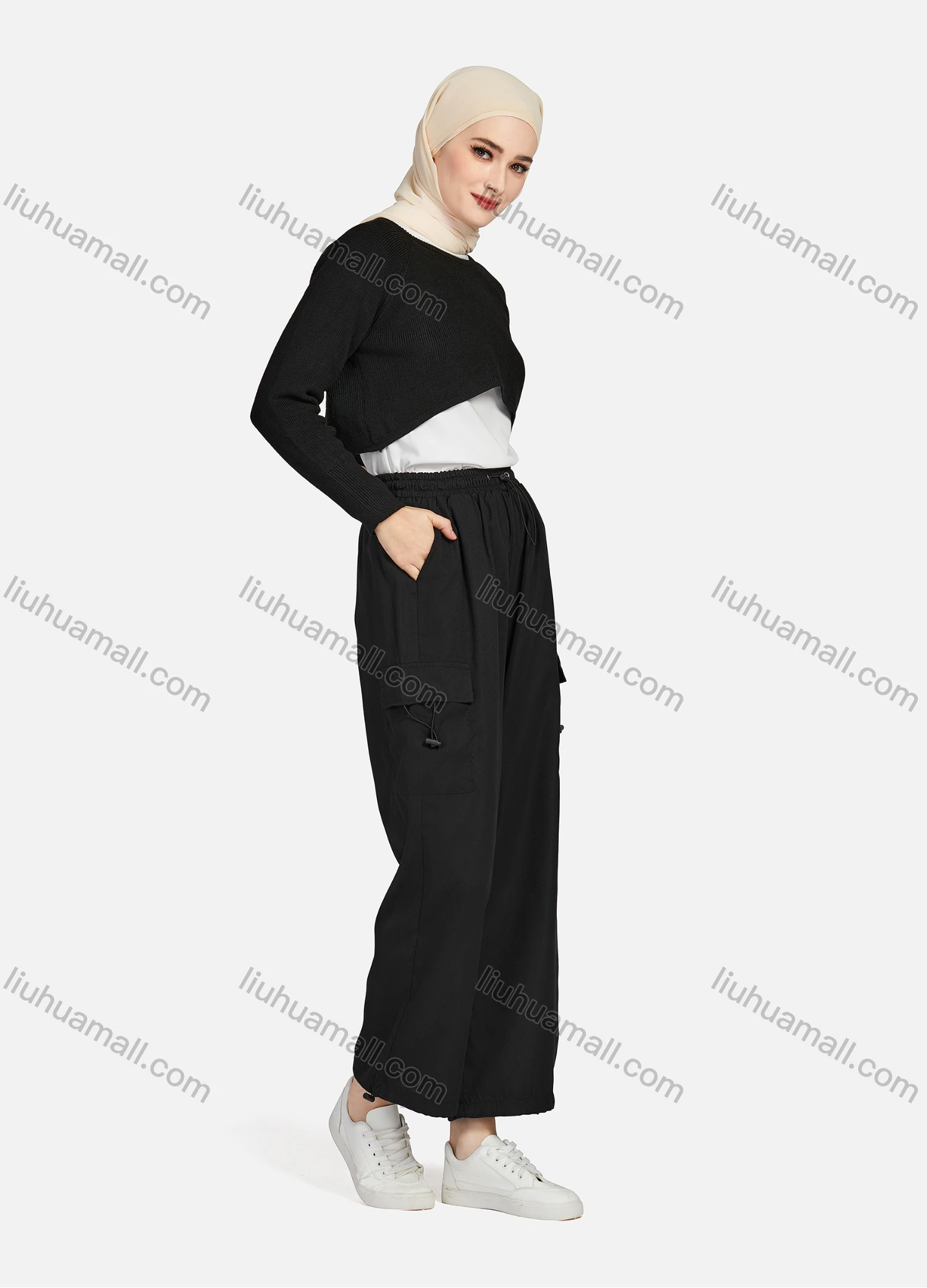 Wholesale Women's Casual Drawstring Elastic Waist Plain Flap Pockets Cargo Pants 1429# - Liuhuamall