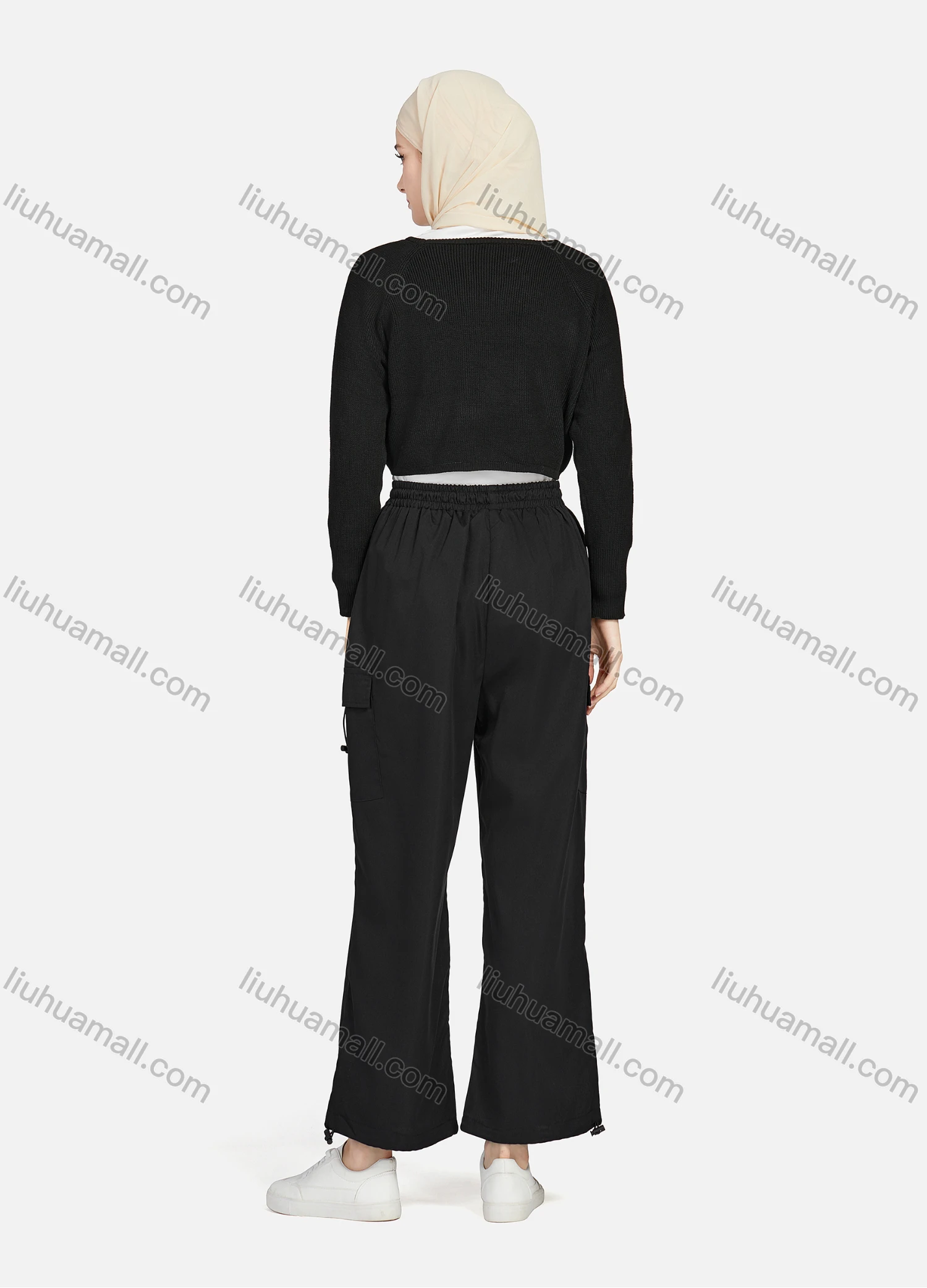 Wholesale Women's Casual Drawstring Elastic Waist Plain Flap Pockets Cargo Pants 1429# - Liuhuamall