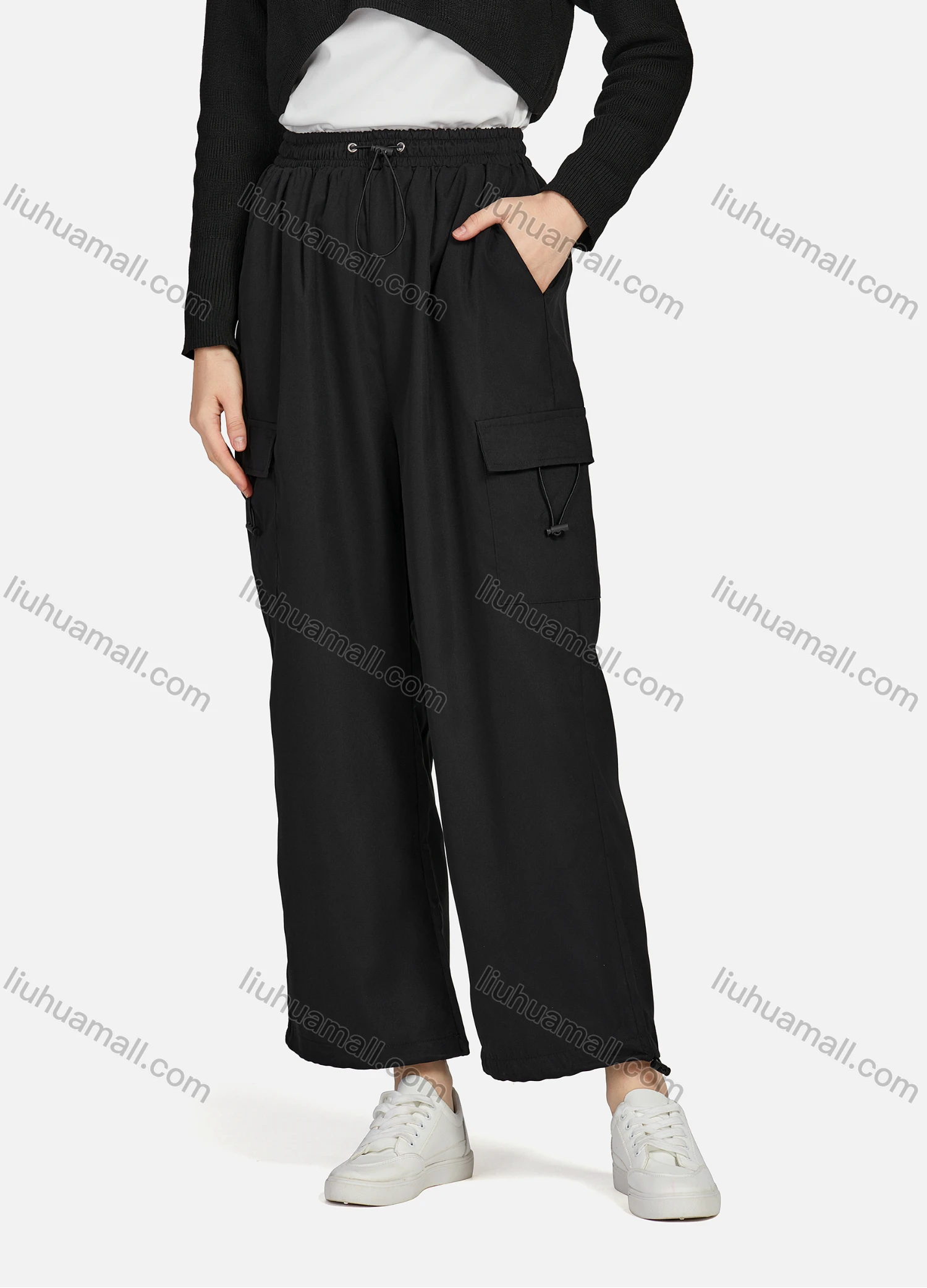 Wholesale Women's Casual Drawstring Elastic Waist Plain Flap Pockets Cargo Pants 1429# - Liuhuamall