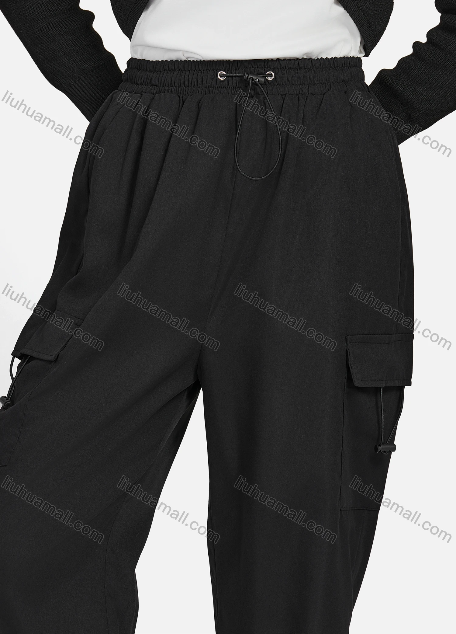 Wholesale Women's Casual Drawstring Elastic Waist Plain Flap Pockets Cargo Pants 1429# - Liuhuamall