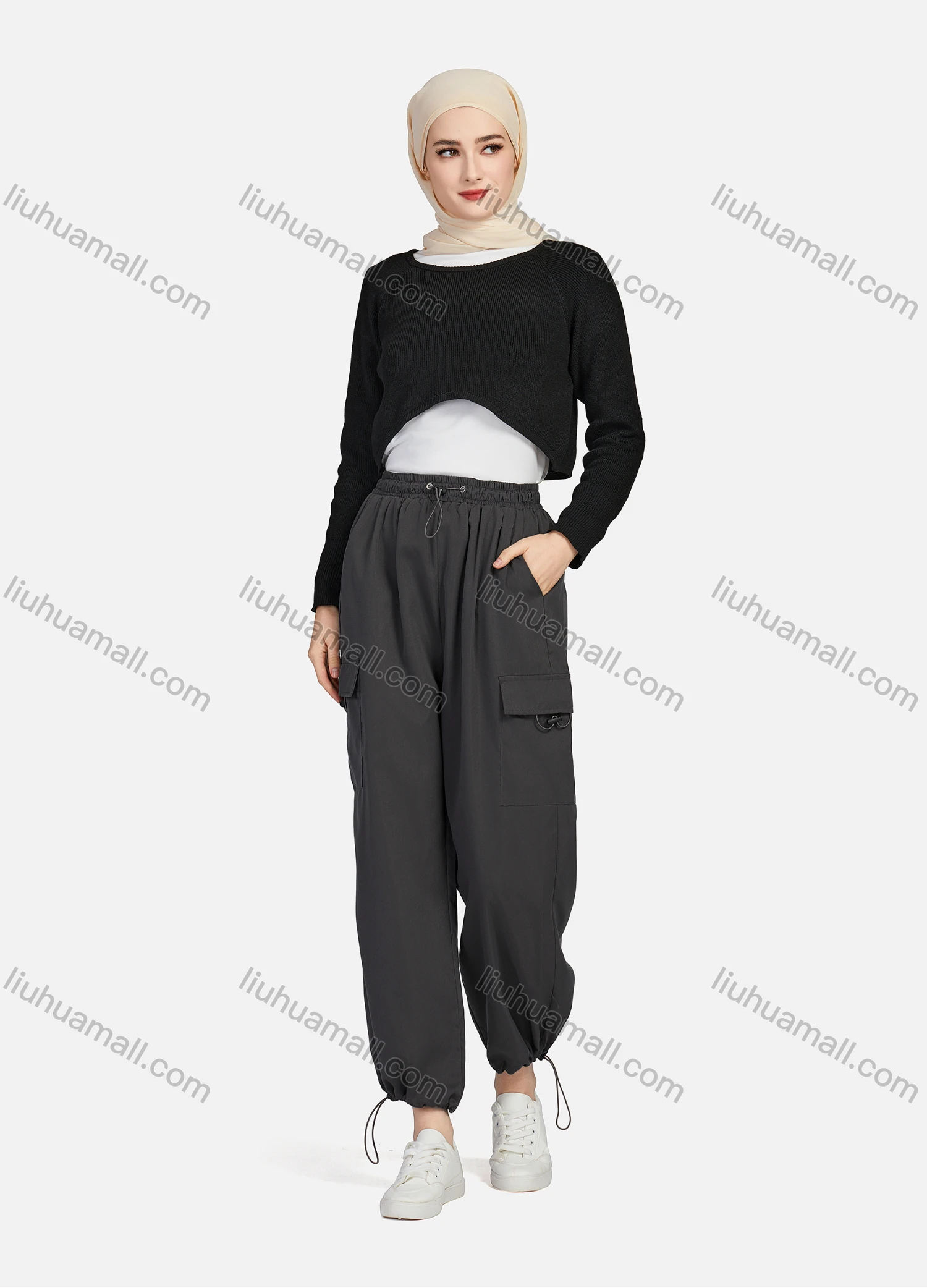 Wholesale Women's Casual Drawstring Elastic Waist Plain Flap Pockets Cargo Pants 1429# - Liuhuamall