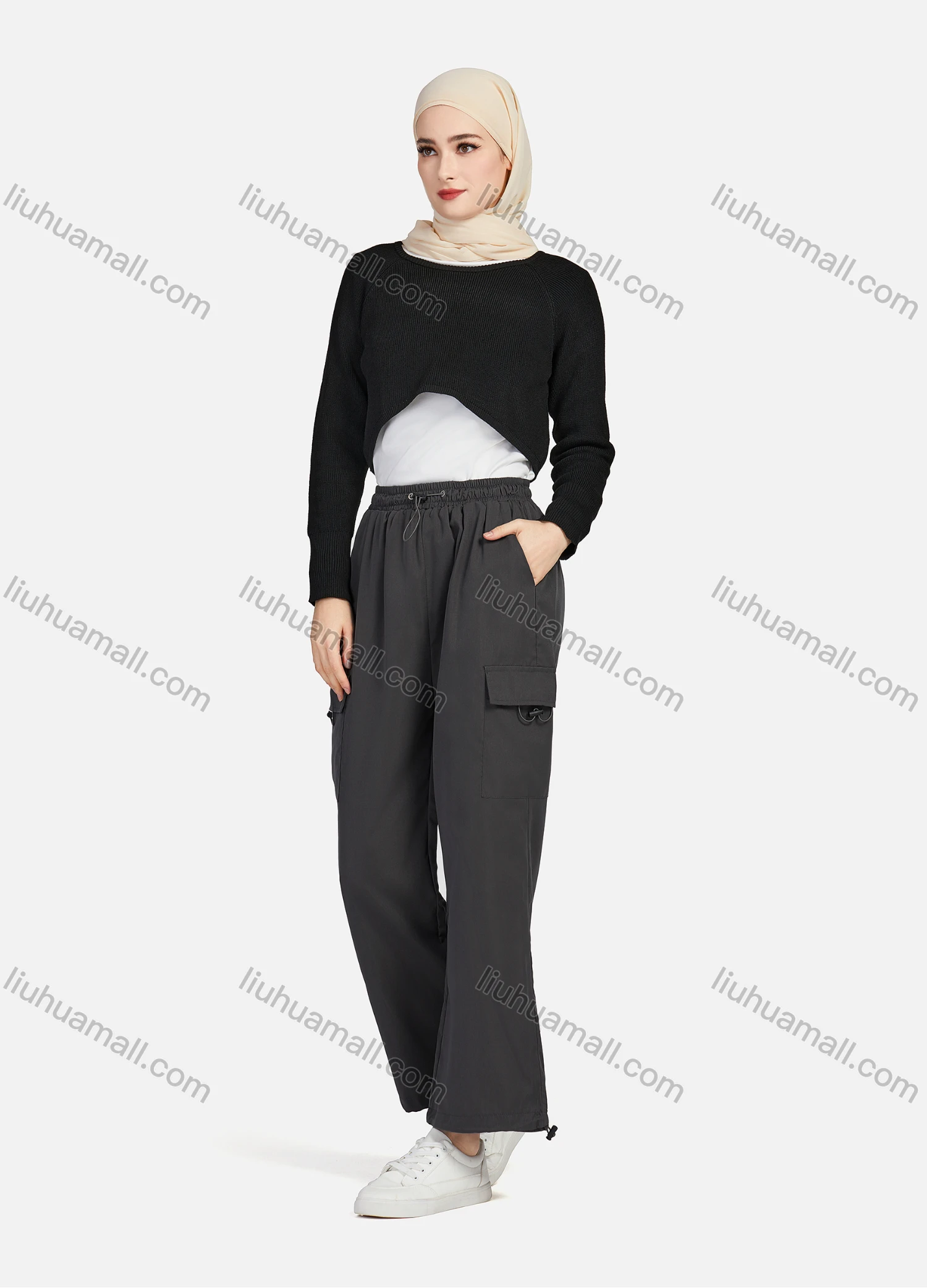 Wholesale Women's Casual Drawstring Elastic Waist Plain Flap Pockets Cargo Pants 1429# - Liuhuamall