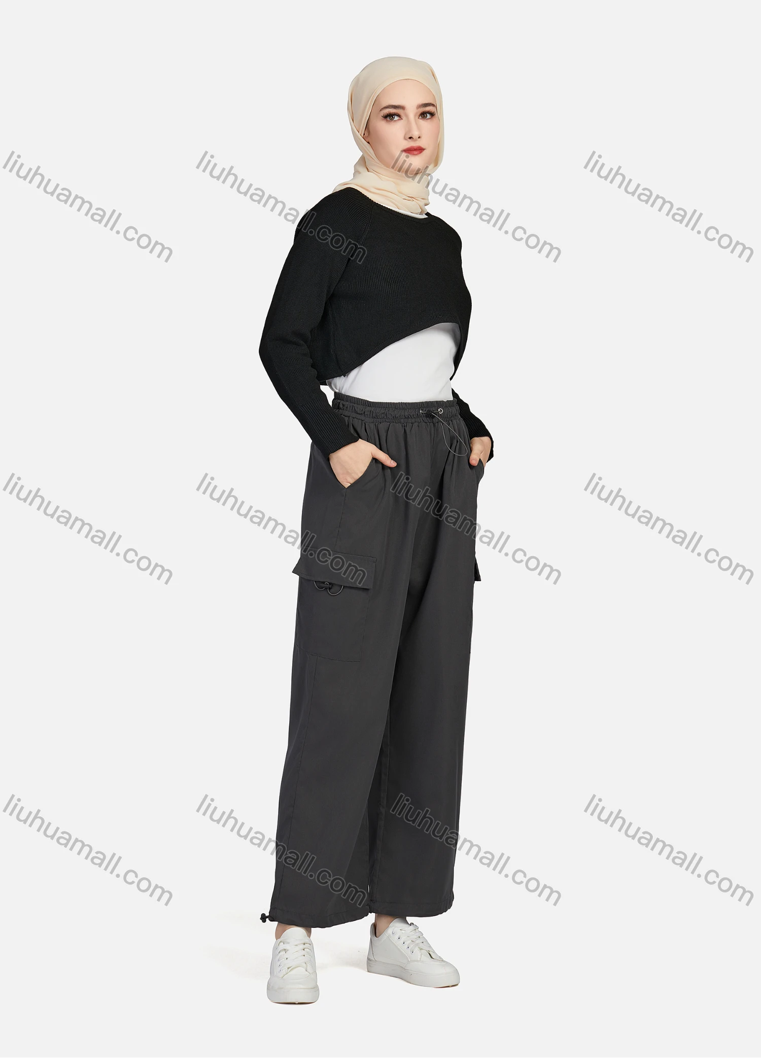 Wholesale Women's Casual Drawstring Elastic Waist Plain Flap Pockets Cargo Pants 1429# - Liuhuamall