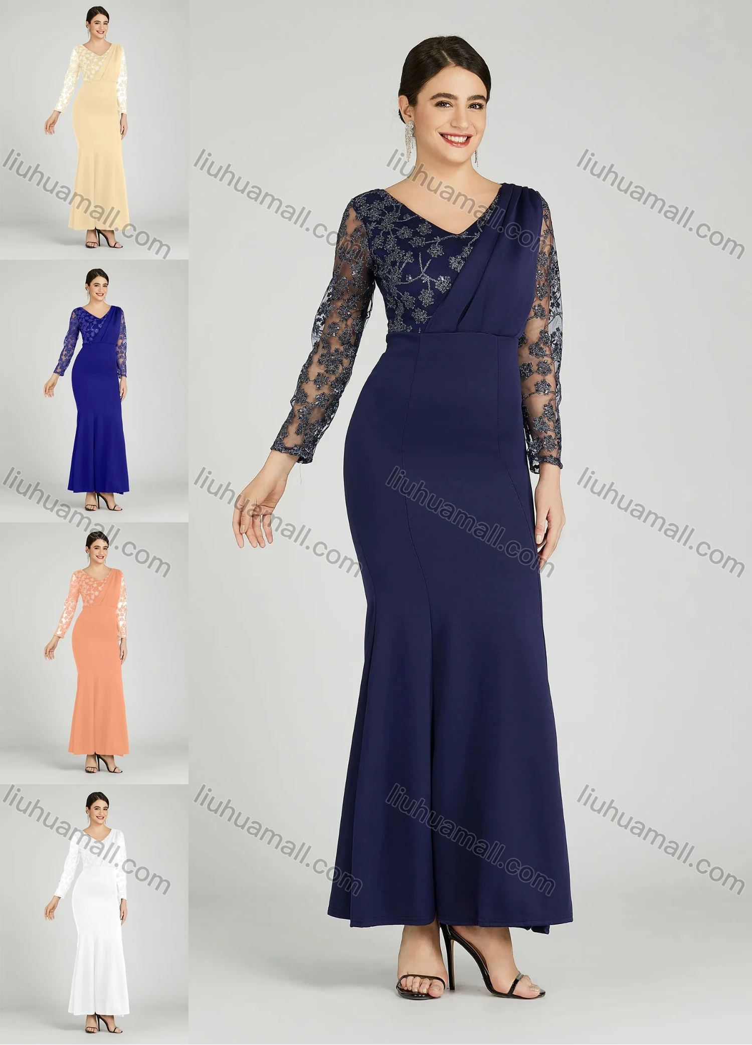 Wholesale Women's Elegant Mesh Sleeve Wrap Sequin Appliques Mermaid Evening Dress 5047# - Liuhuamall