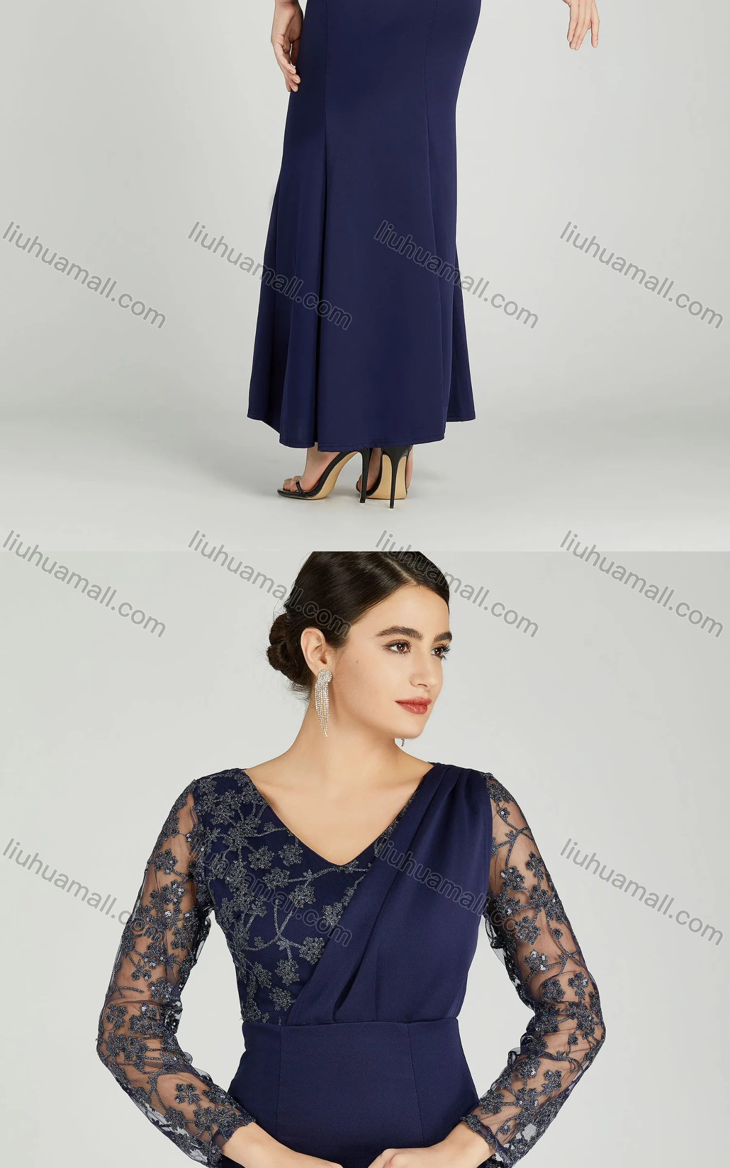 Wholesale Women's Elegant Mesh Sleeve Wrap Sequin Appliques Mermaid Evening Dress 5047# - Liuhuamall