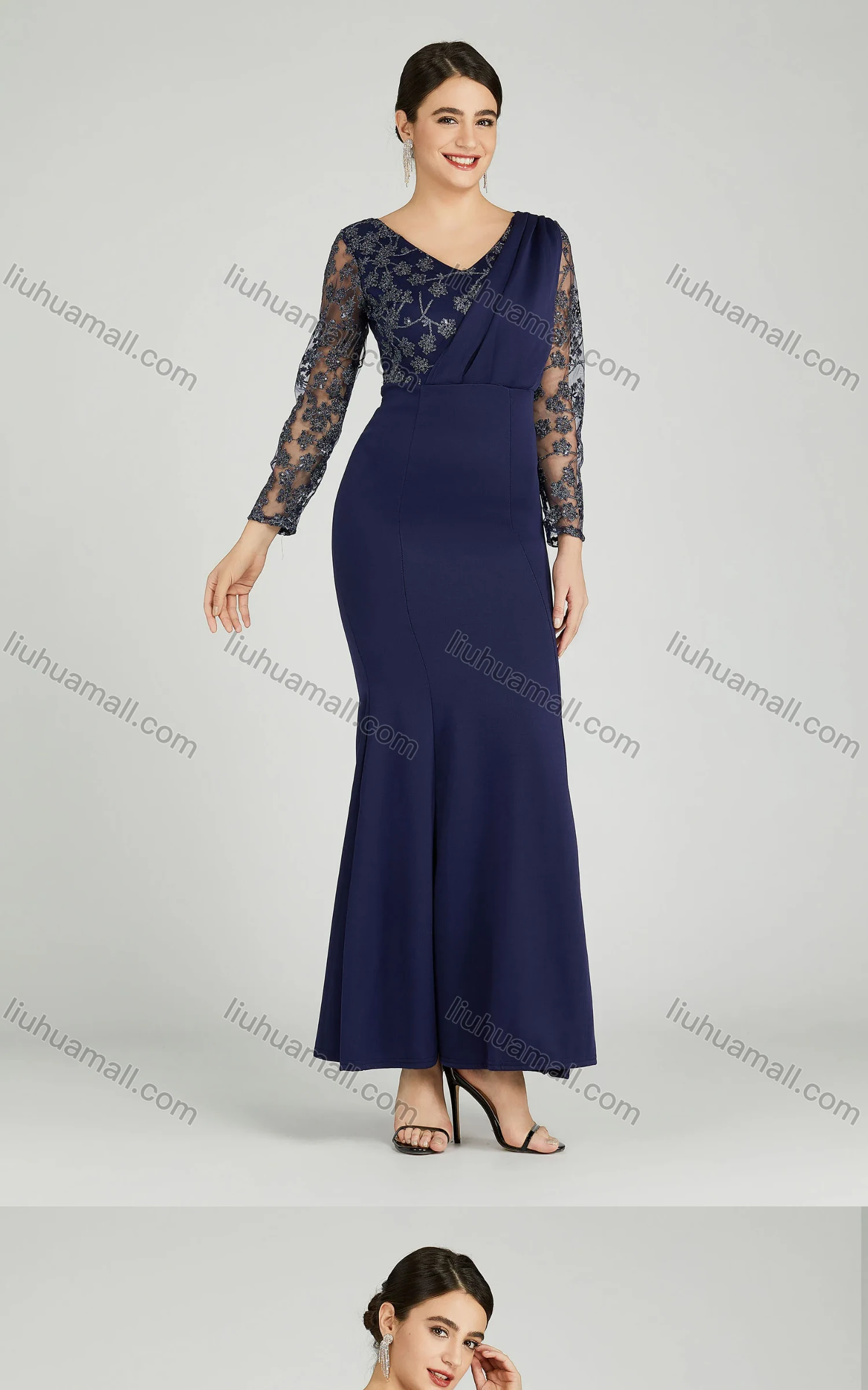 Wholesale Women's Elegant Mesh Sleeve Wrap Sequin Appliques Mermaid Evening Dress 5047# - Liuhuamall