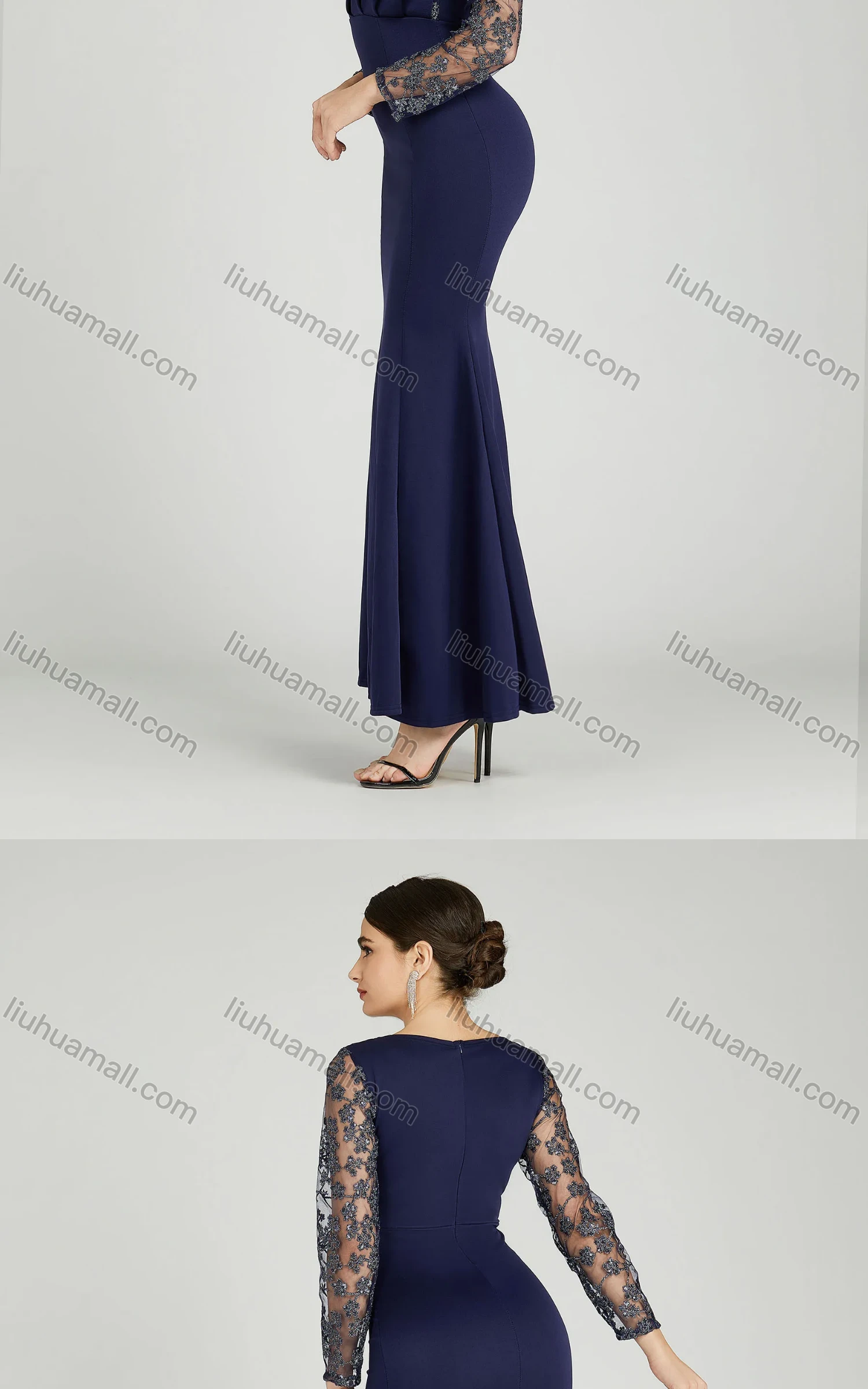 Wholesale Women's Elegant Mesh Sleeve Wrap Sequin Appliques Mermaid Evening Dress 5047# - Liuhuamall