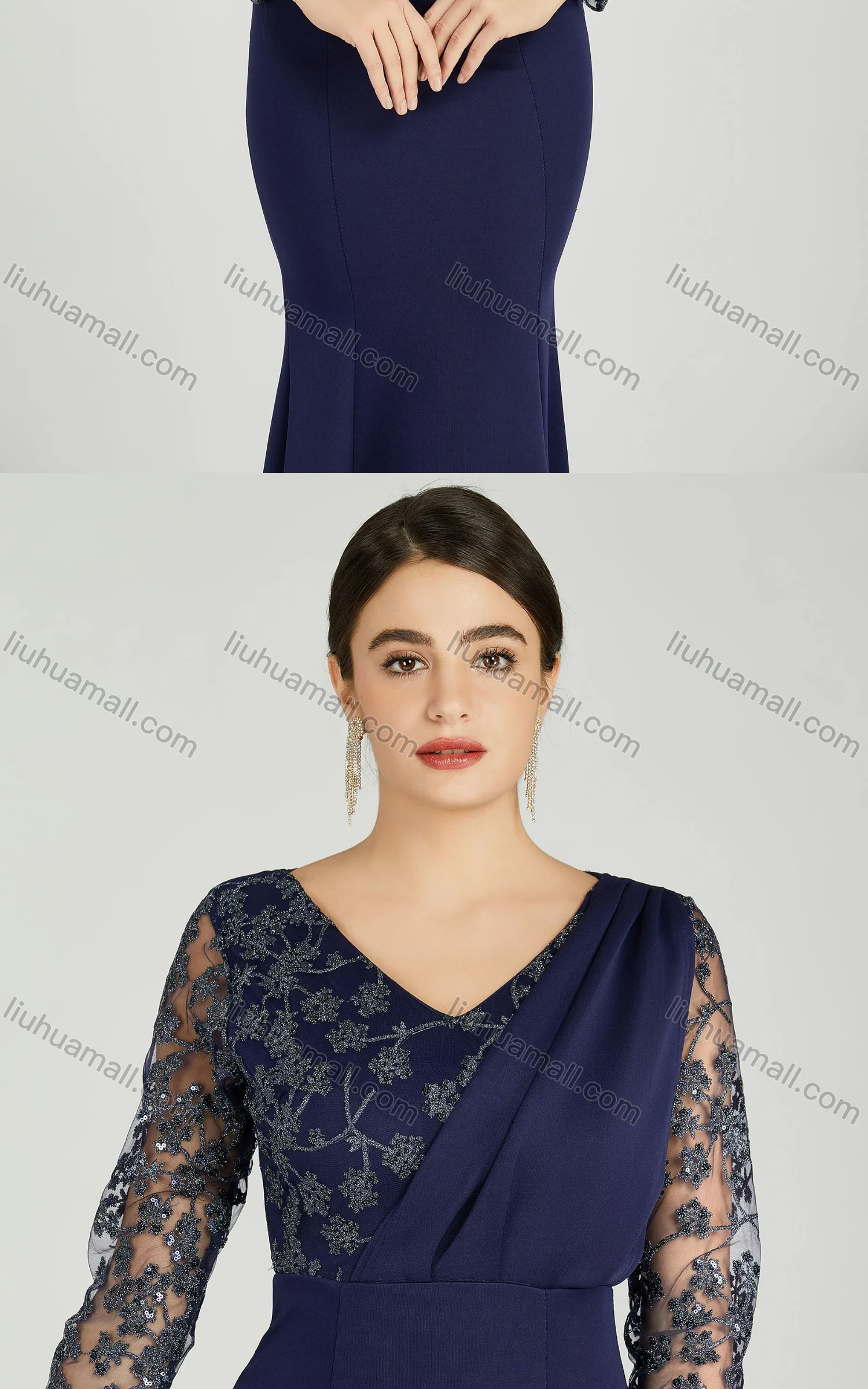 Wholesale Women's Elegant Mesh Sleeve Wrap Sequin Appliques Mermaid Evening Dress 5047# - Liuhuamall