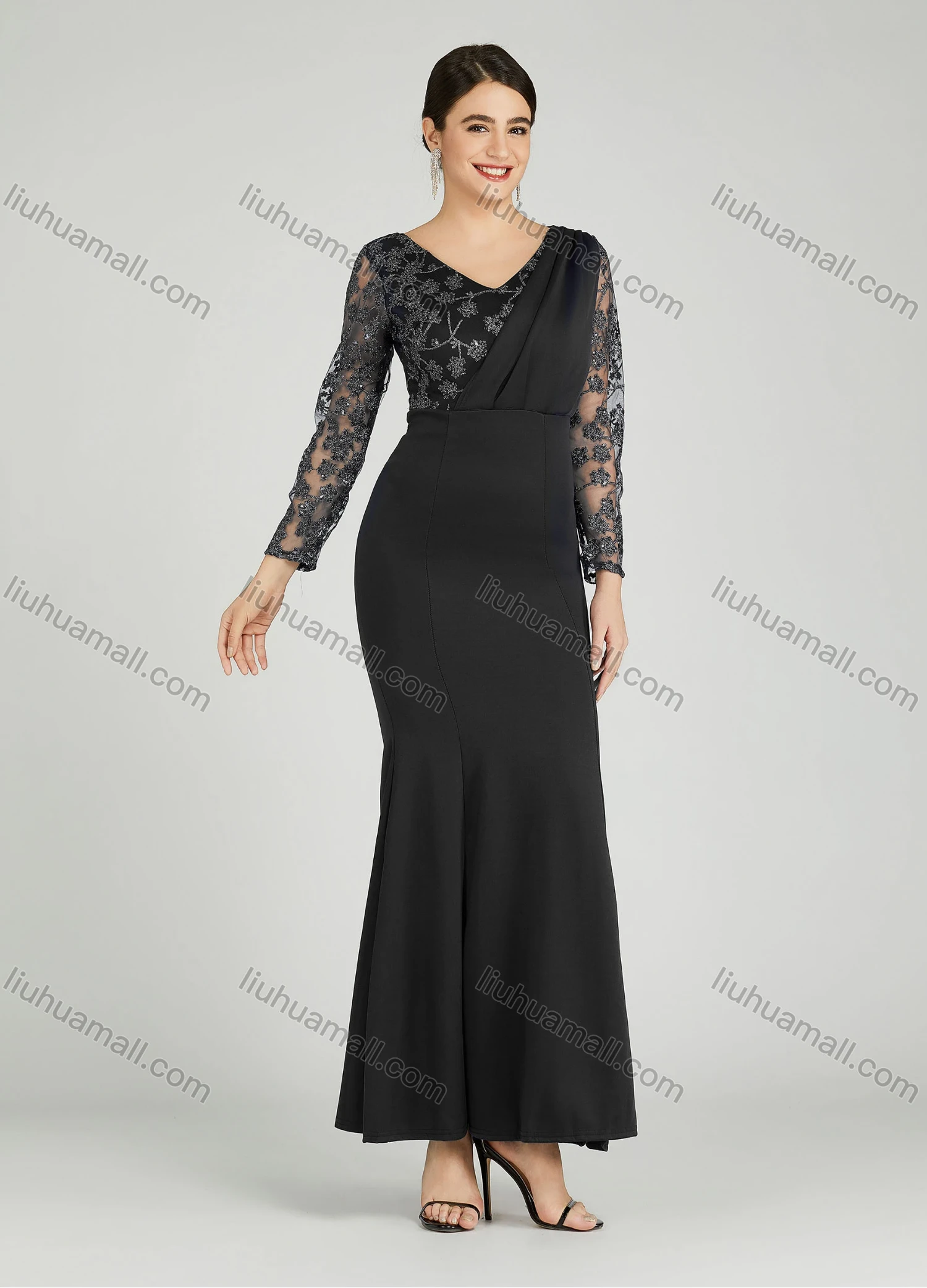 Wholesale Women's Elegant Mesh Sleeve Wrap Sequin Appliques Mermaid Evening Dress 5047# - Liuhuamall