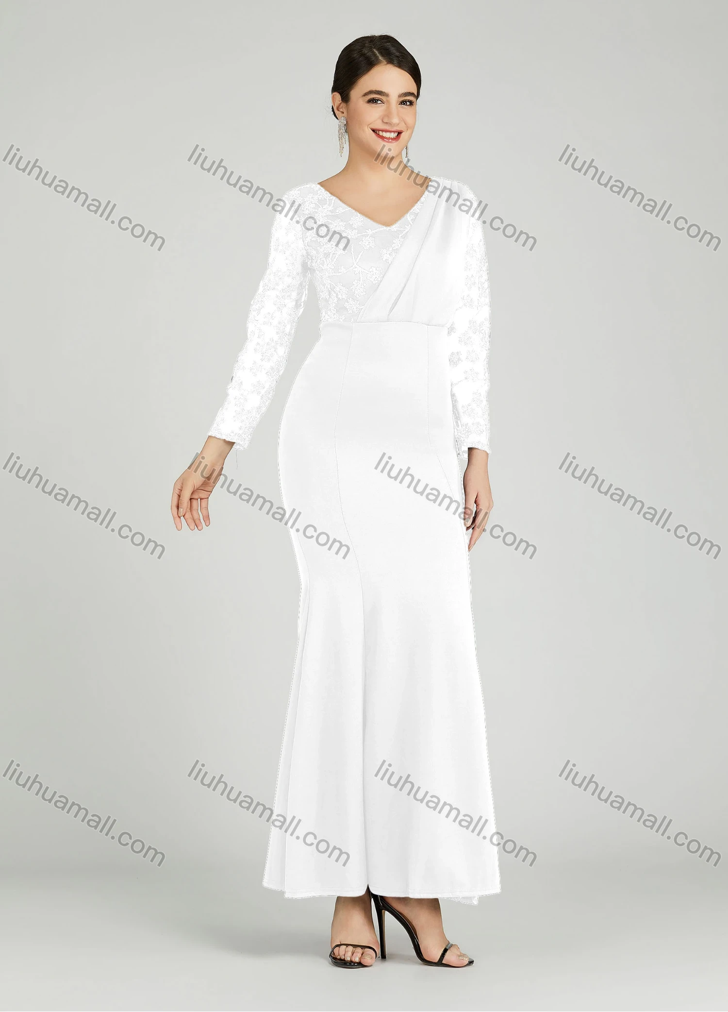 Wholesale Women's Elegant Mesh Sleeve Wrap Sequin Appliques Mermaid Evening Dress 5047# - Liuhuamall